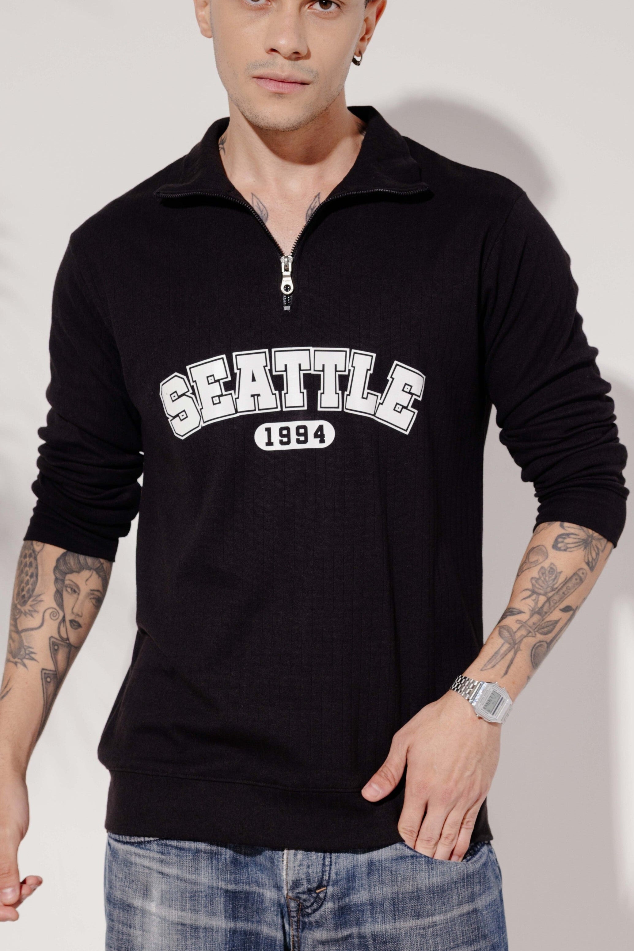 Black Self Deisgn Printed Zipper T-Shirt
