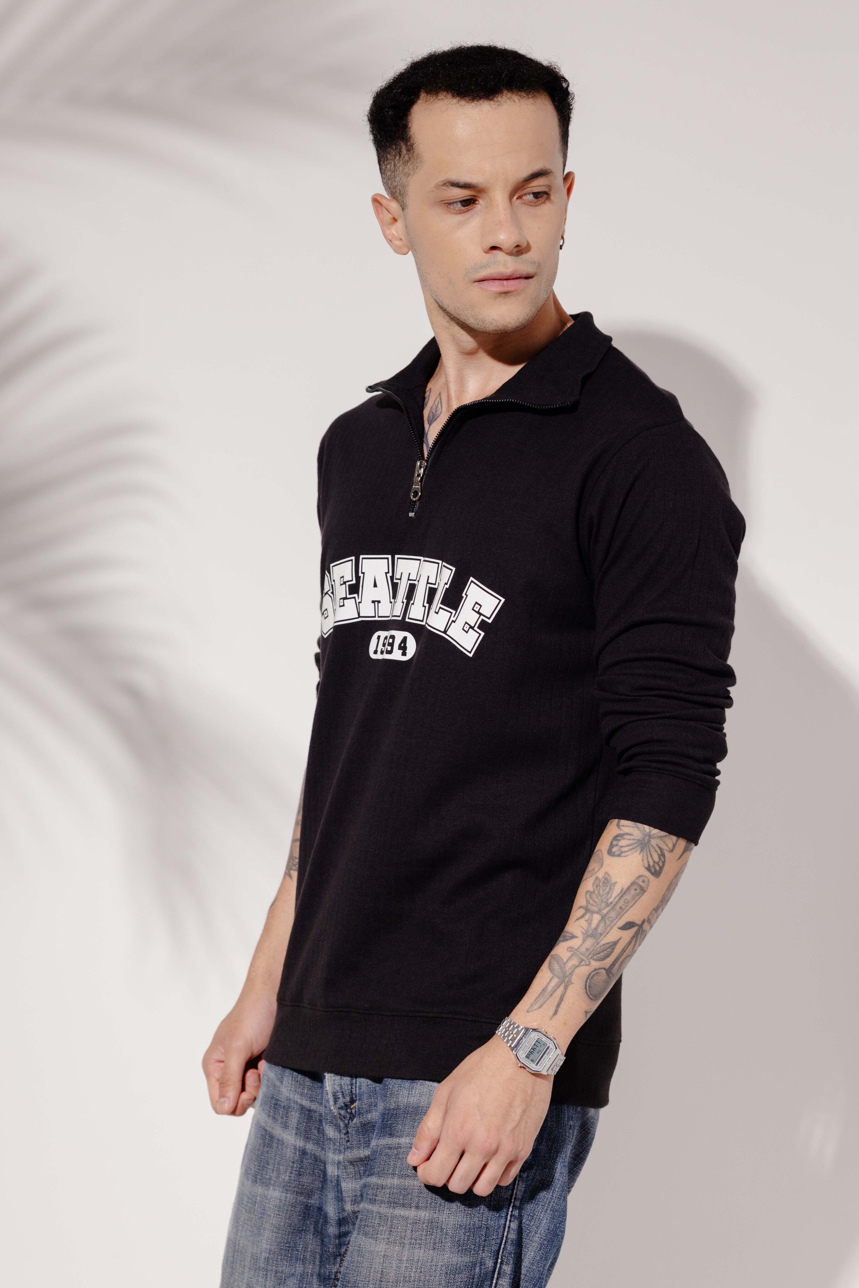 Black Self Deisgn Printed Zipper T-Shirt