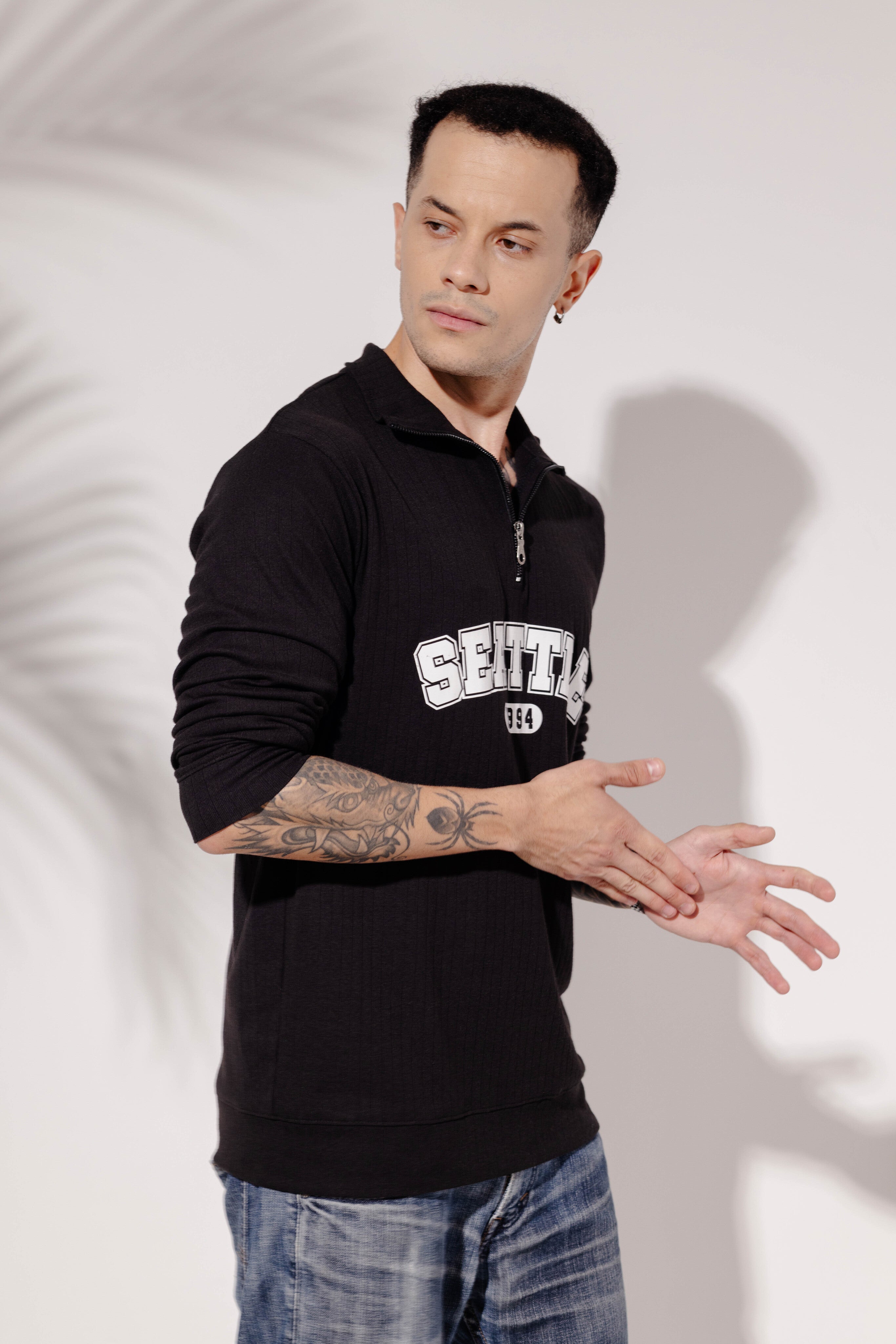 Black Self Deisgn Printed Zipper T-Shirt