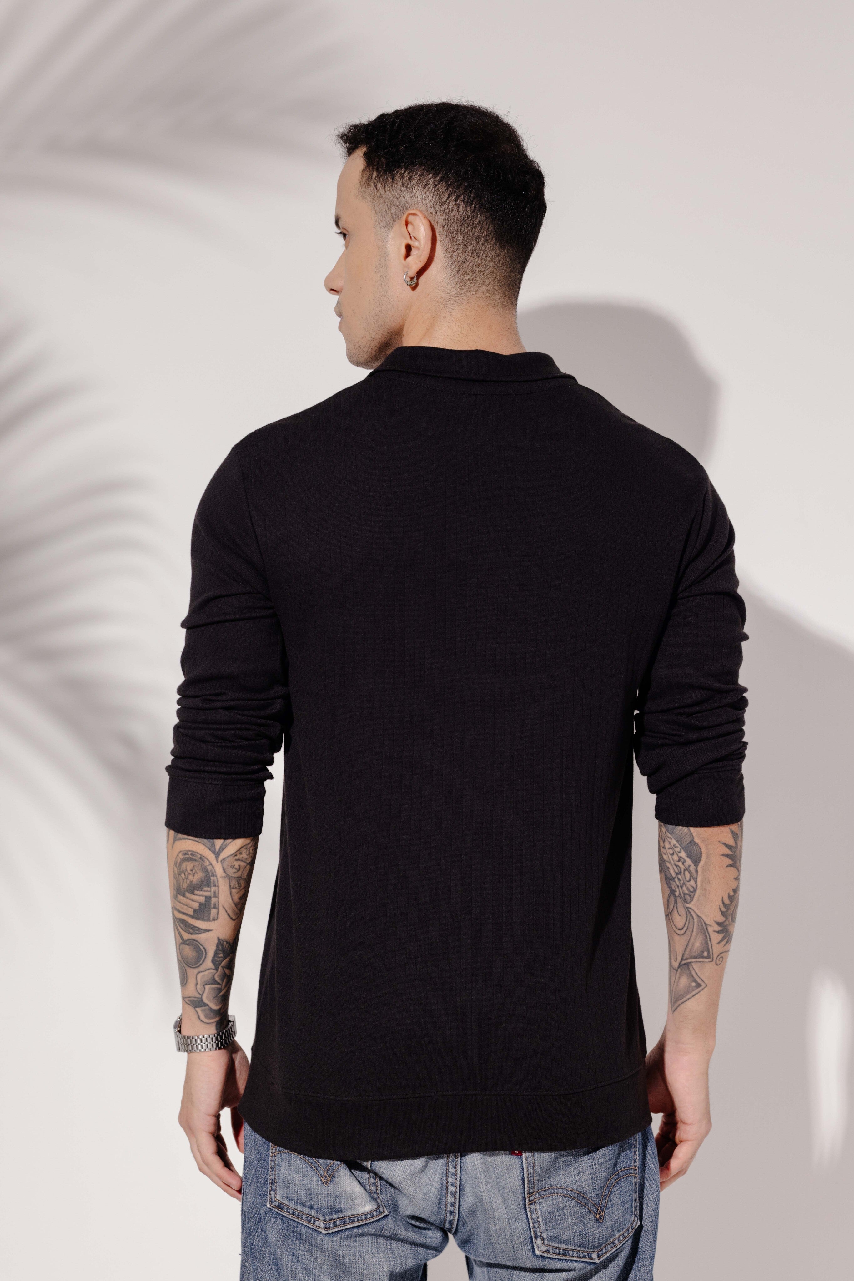 Black Self Deisgn Printed Zipper T-Shirt