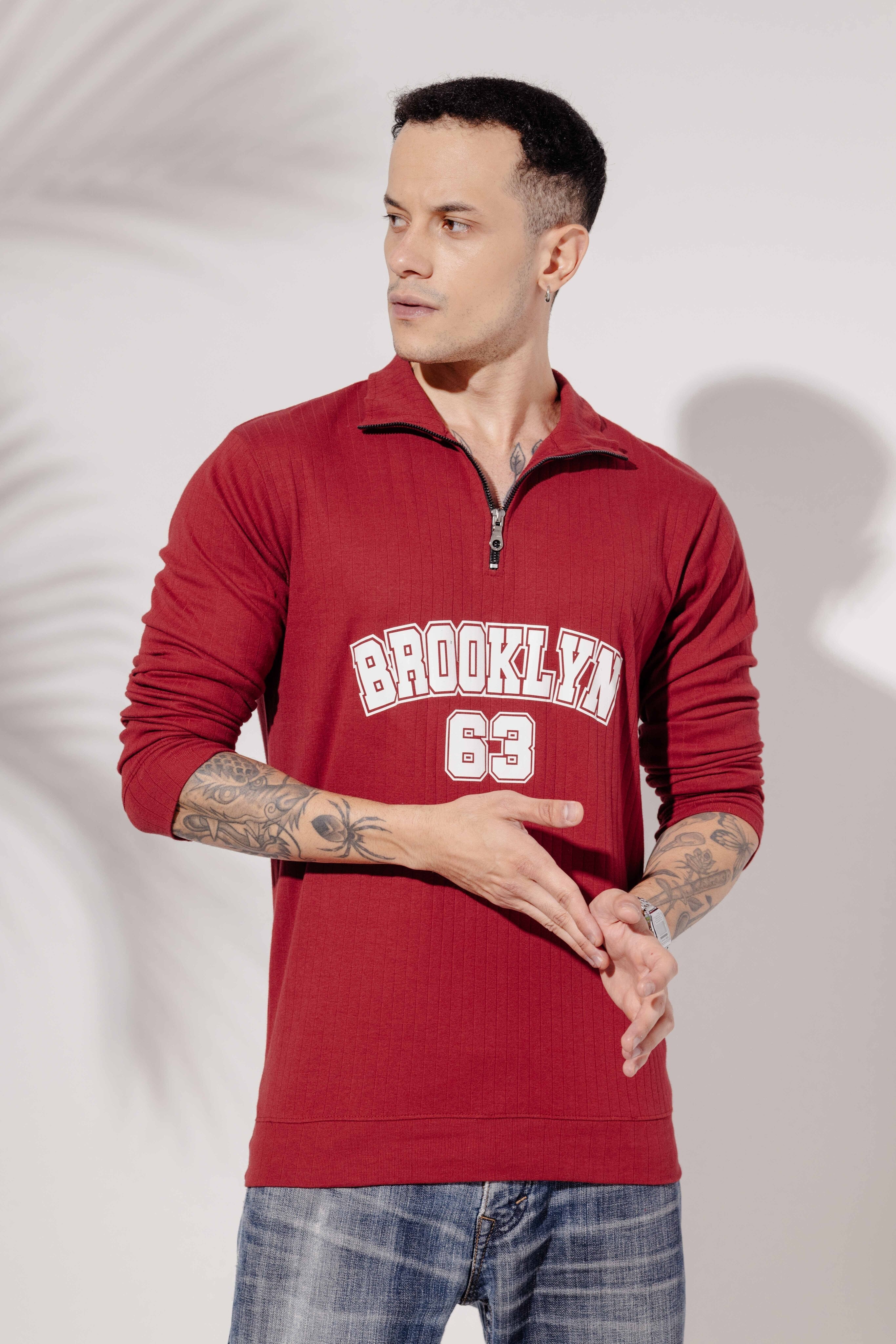 Maroon Cotton "BROOKLYN" Full Sleeve Zipper T-Shirt