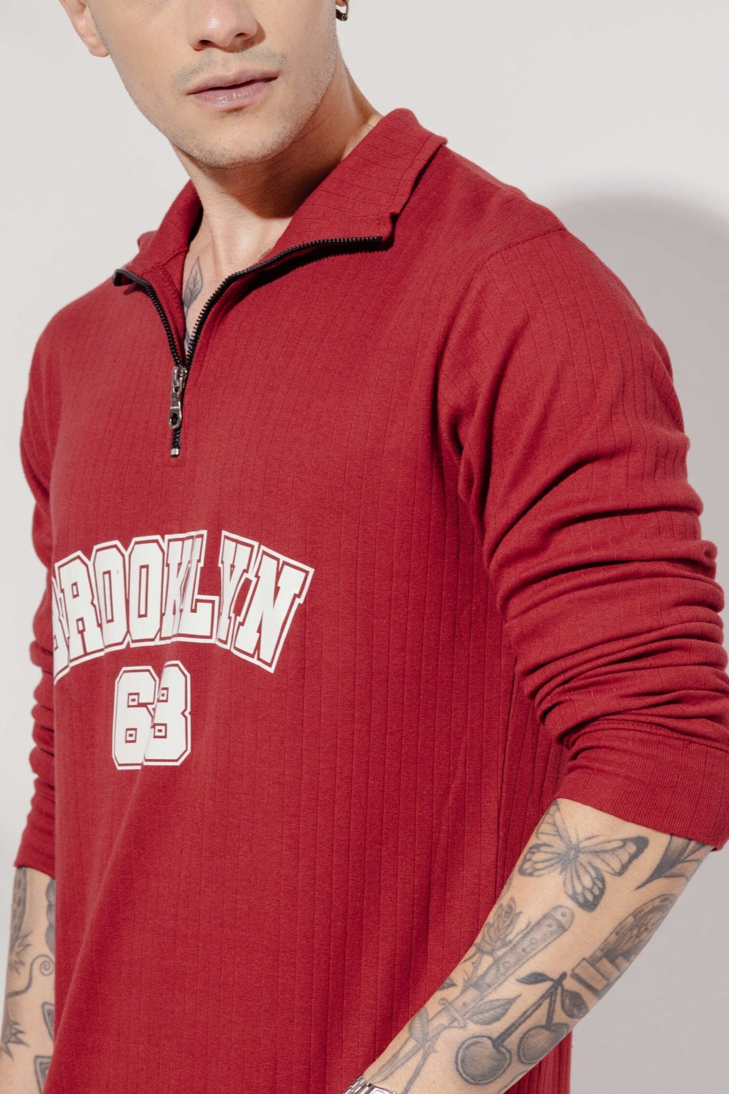 Maroon Cotton "BROOKLYN" Full Sleeve Zipper T-Shirt