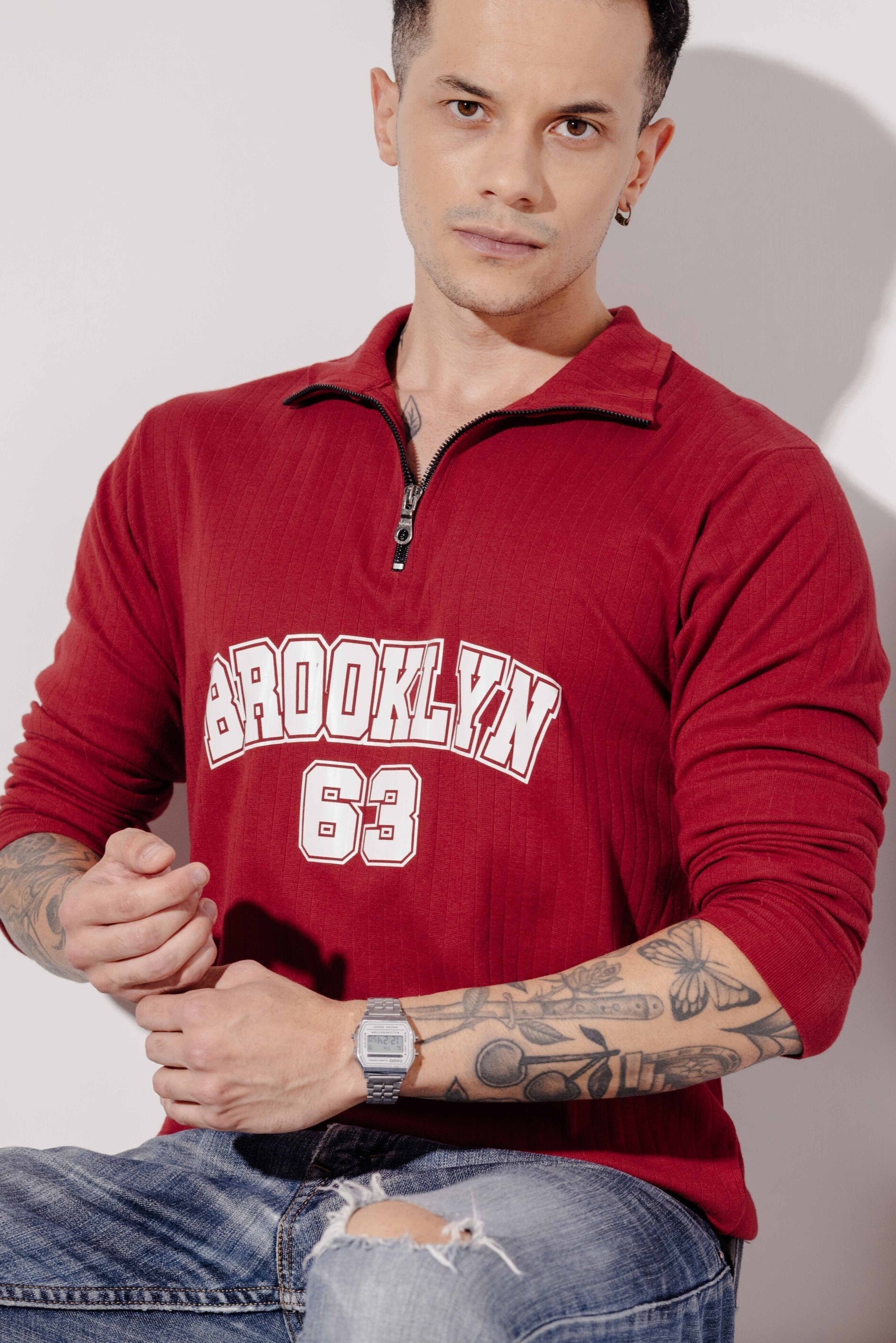 Maroon Cotton "BROOKLYN" Full Sleeve Zipper T-Shirt