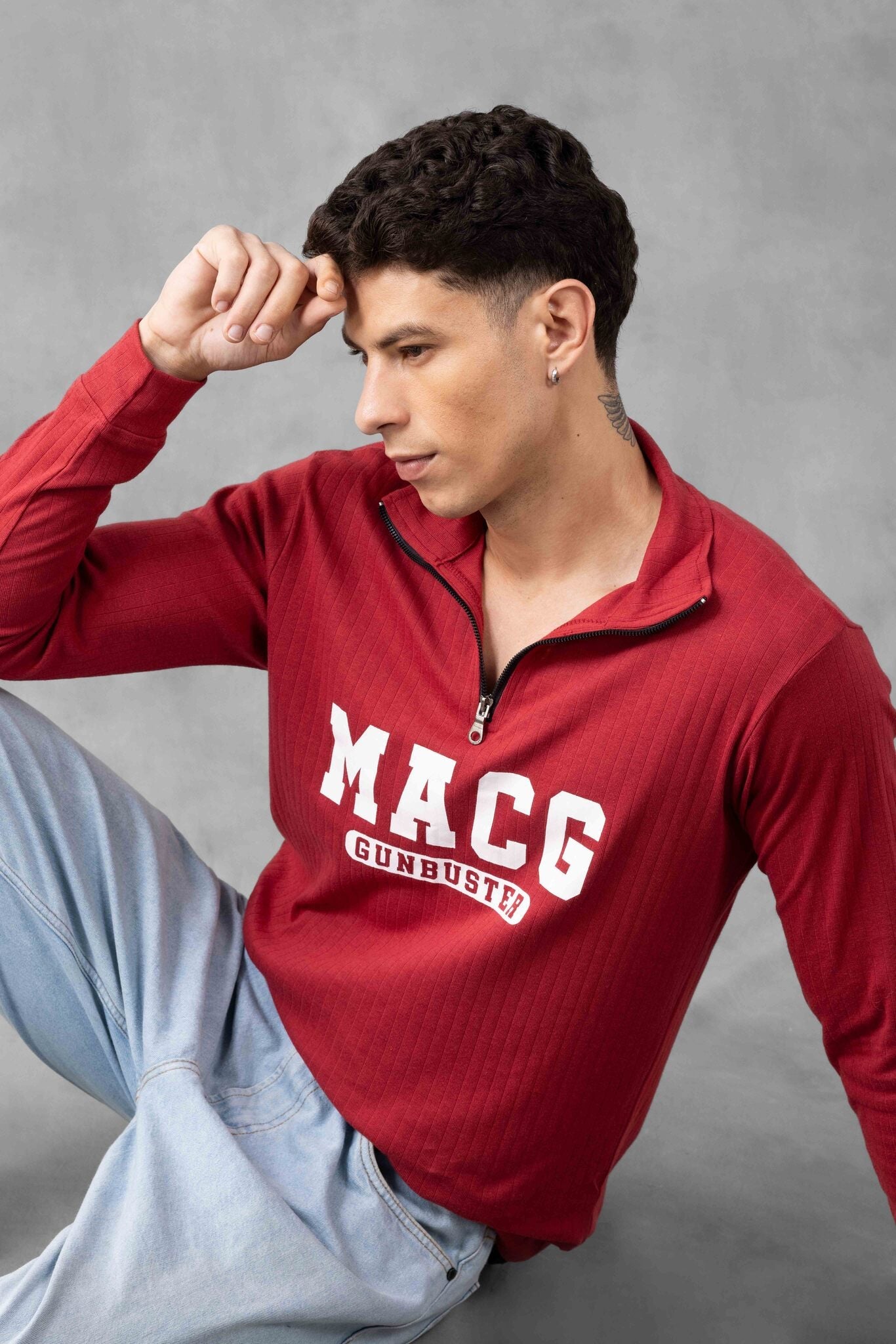 Maroon Self Design Zipper T-Shirt