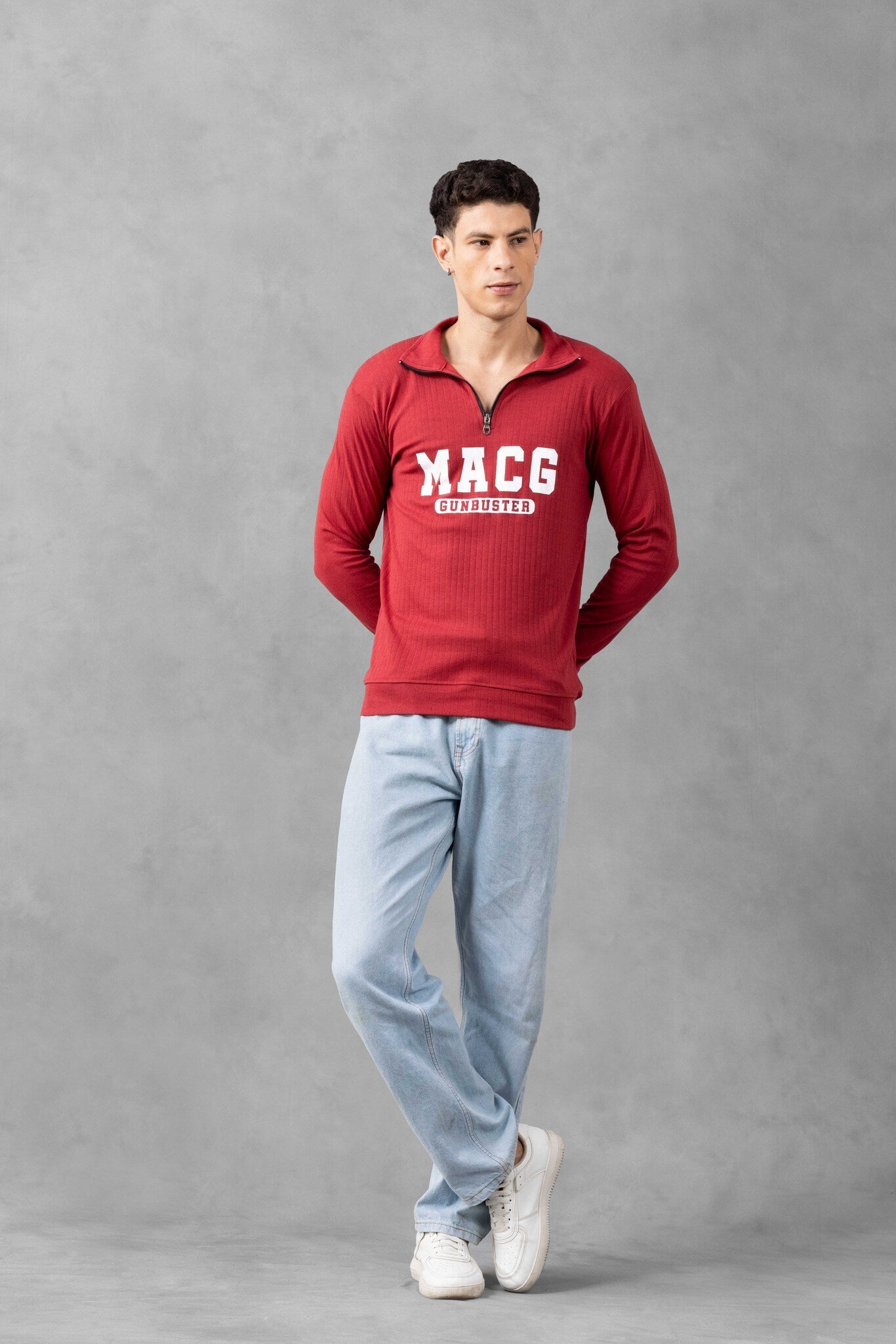 Maroon Self Design Zipper T-Shirt