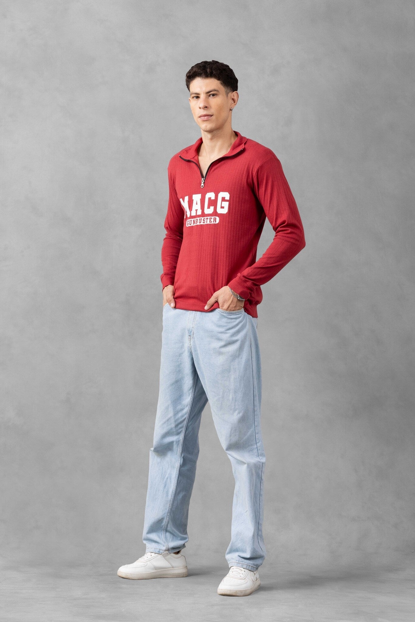 Maroon Self Design Zipper T-Shirt