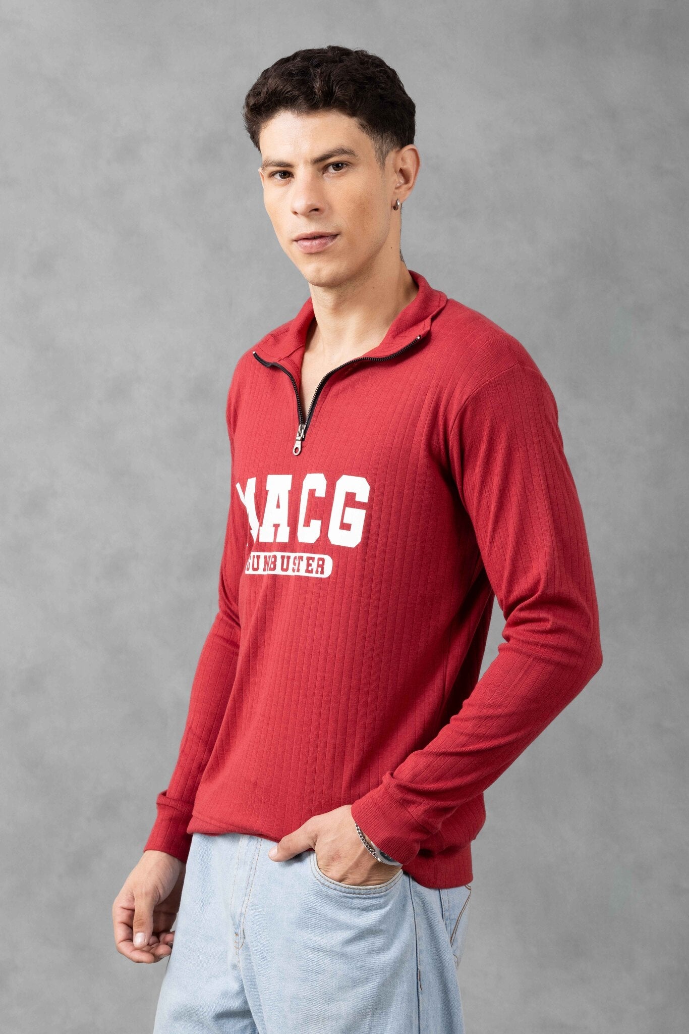 Maroon Self Design Zipper T-Shirt