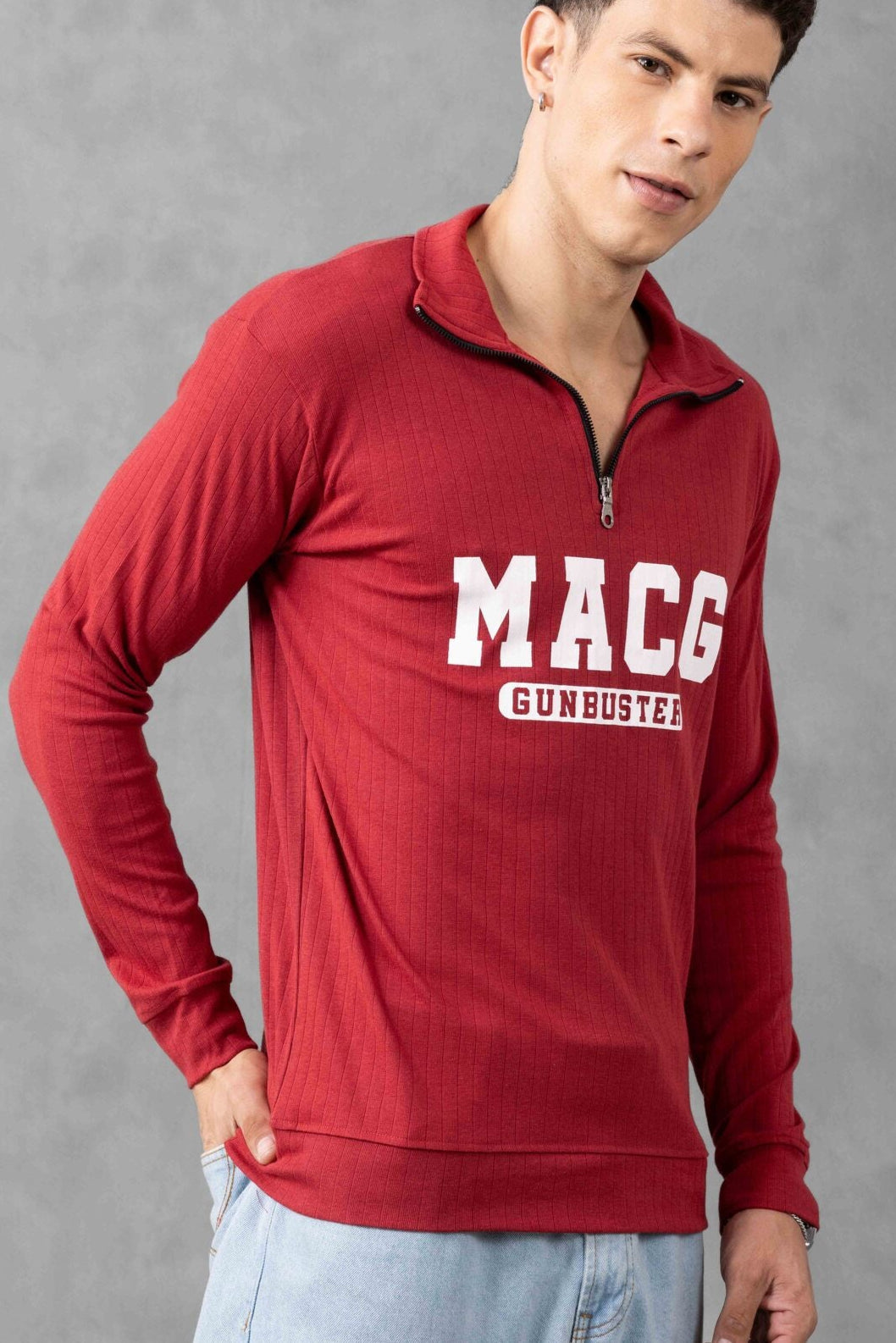 Maroon Self Design Zipper T-Shirt