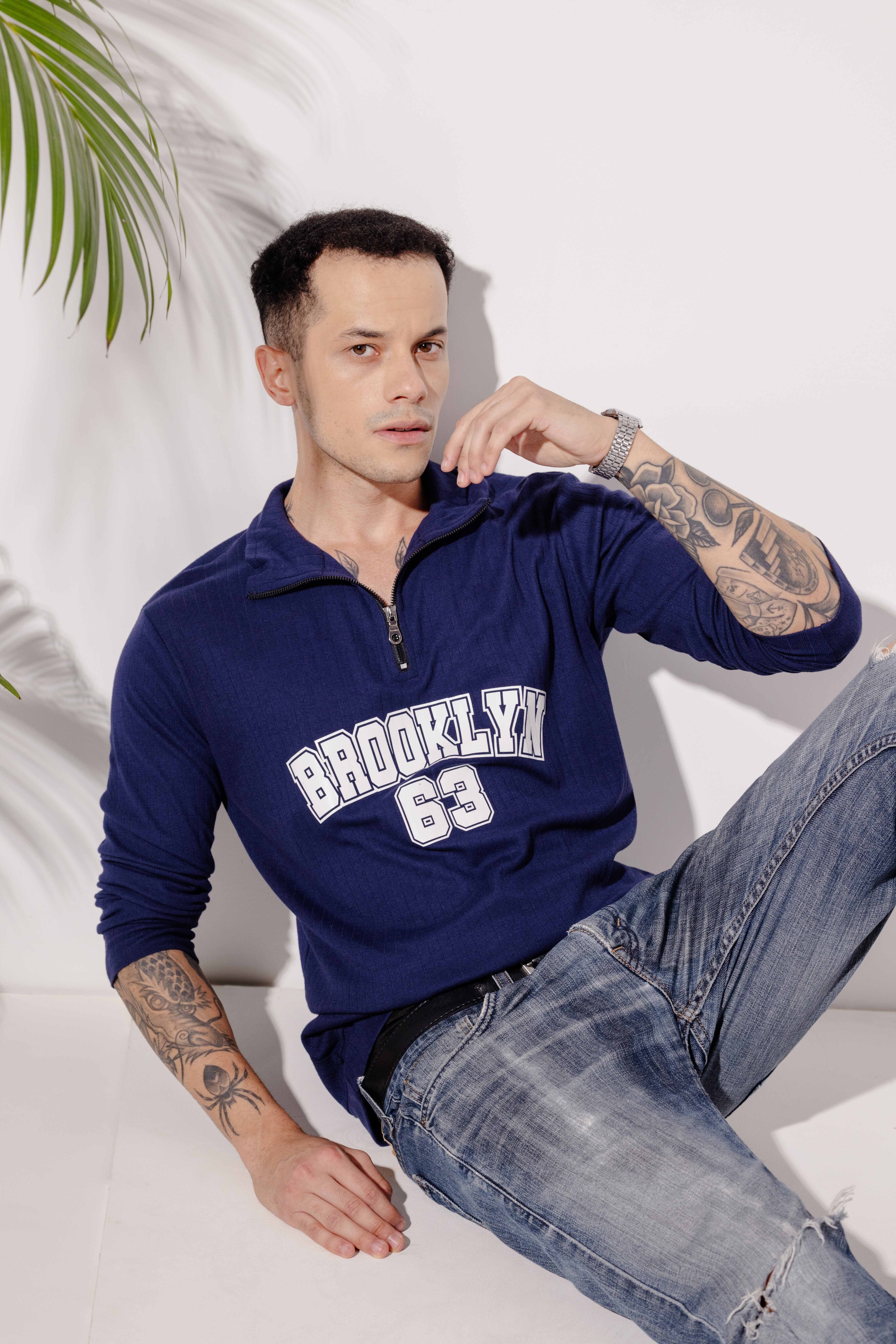 Navy Self Design Full Sleeve Zipper T-Shirt