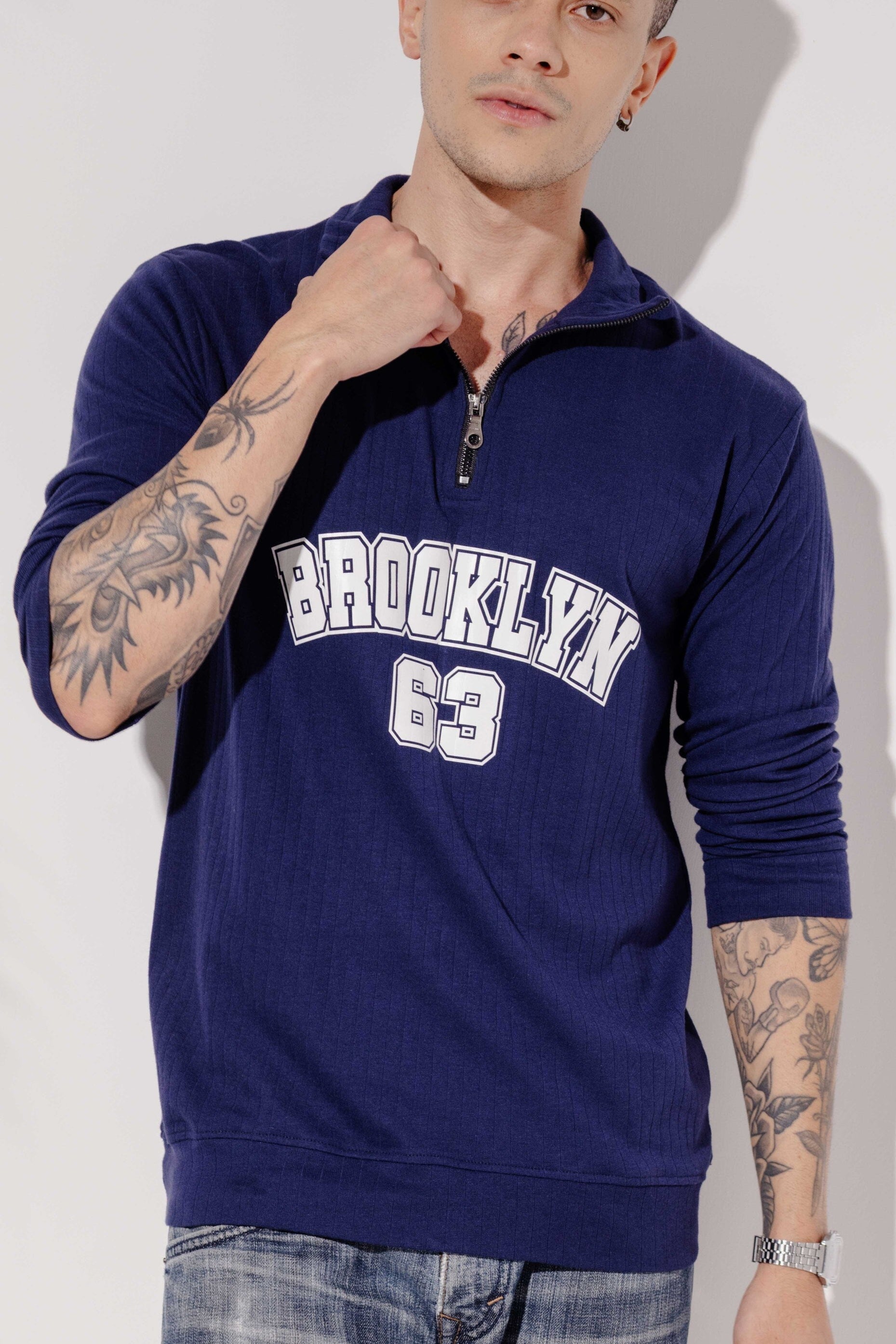 Navy Self Design Full Sleeve Zipper T-Shirt