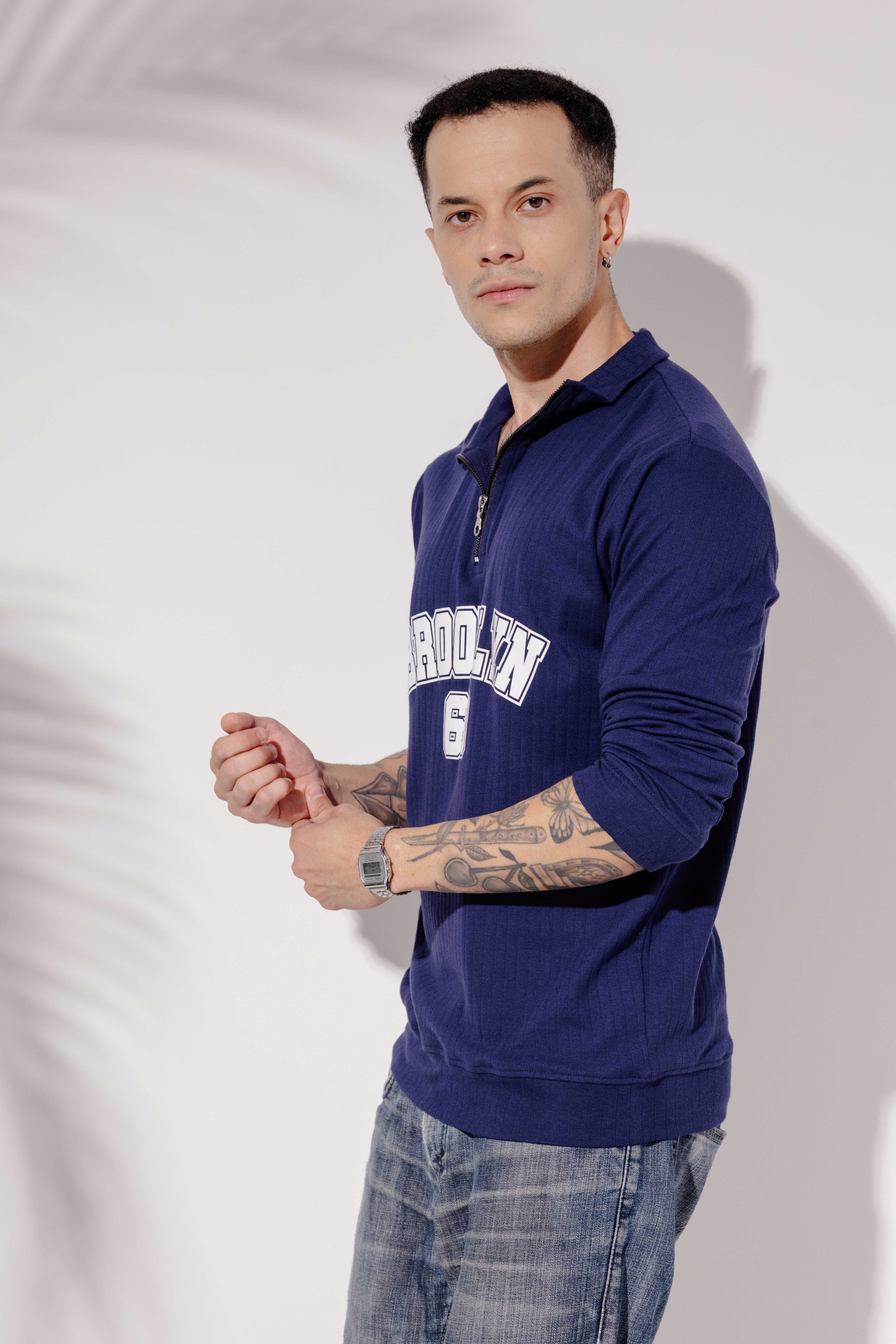 Navy Self Design Full Sleeve Zipper T-Shirt