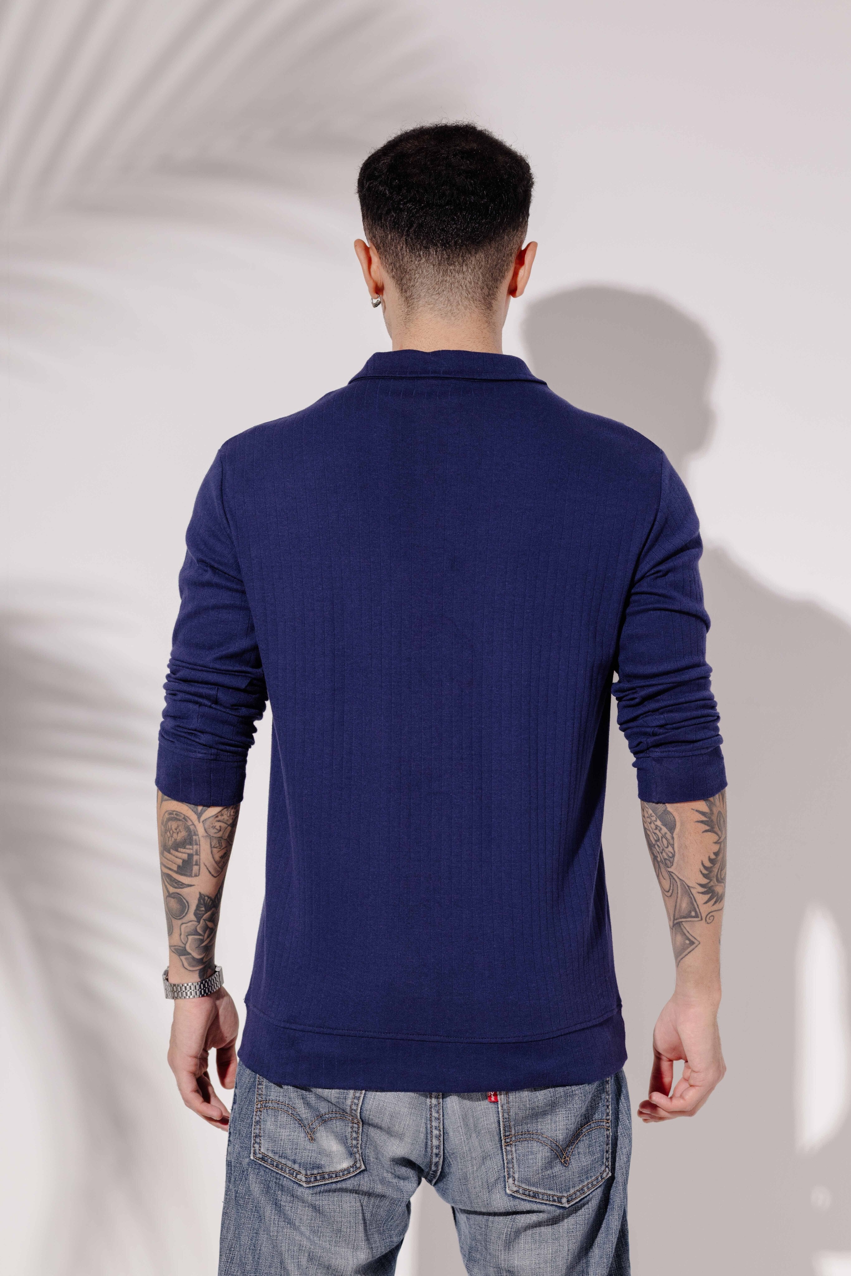 Navy Self Design Full Sleeve Zipper T-Shirt