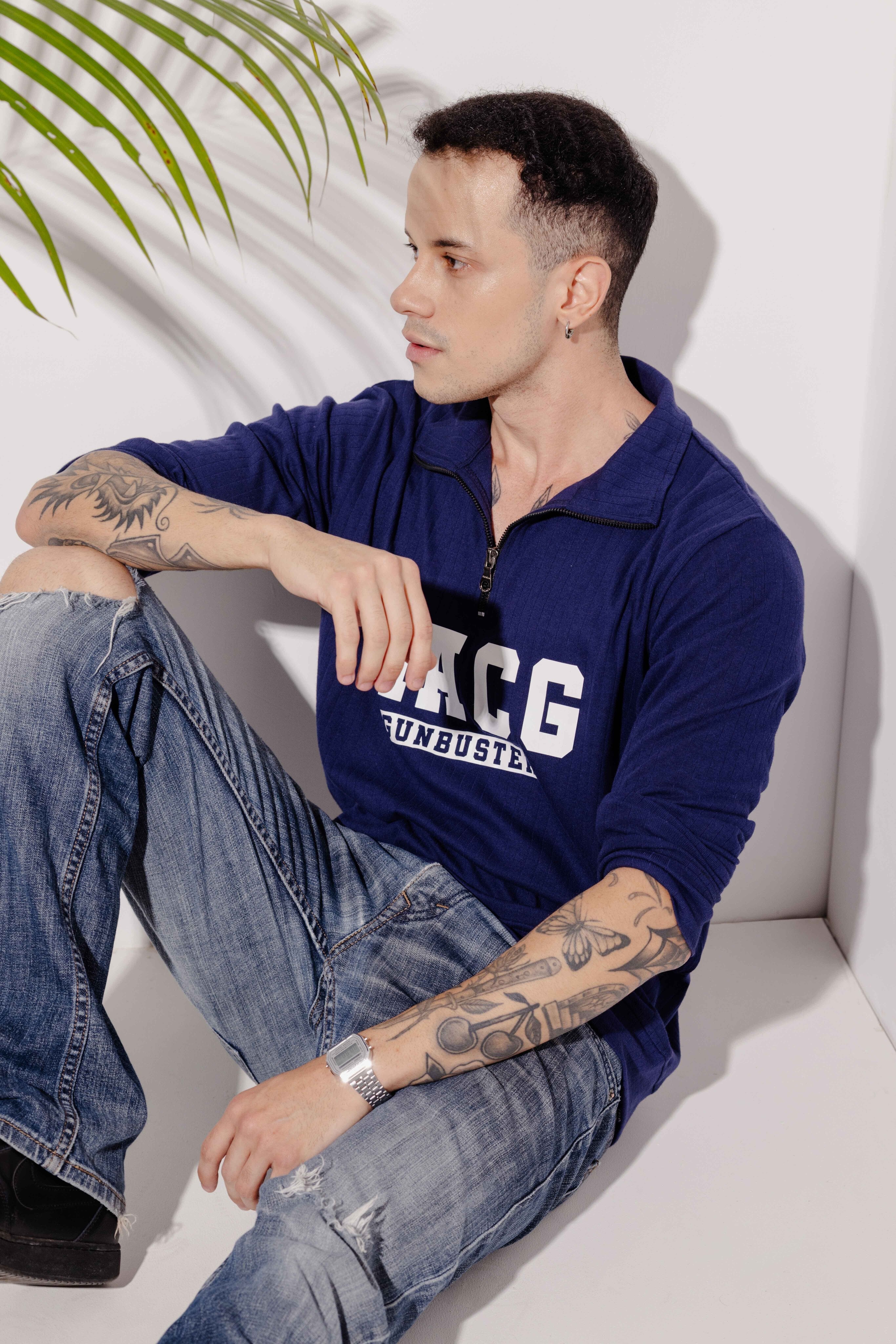 Navy Self Design Printed Zipper T-Shirt