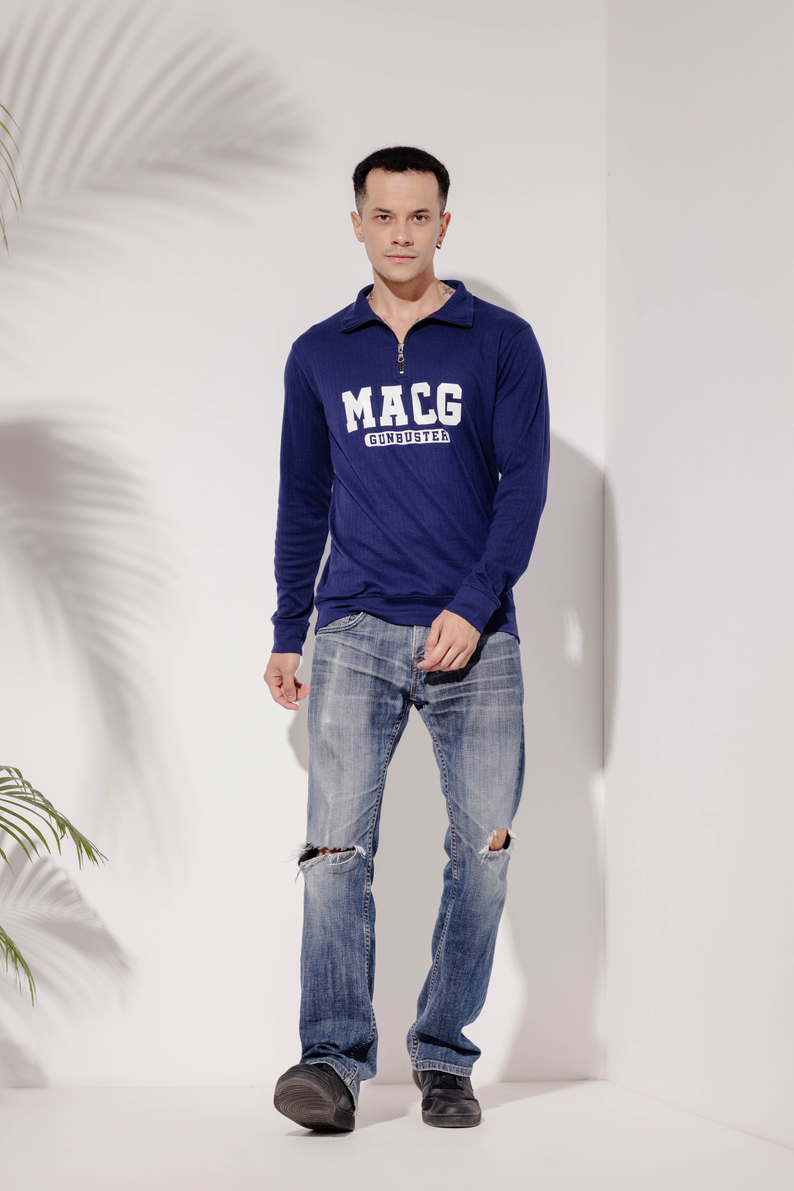 Navy Self Design Printed Zipper T-Shirt