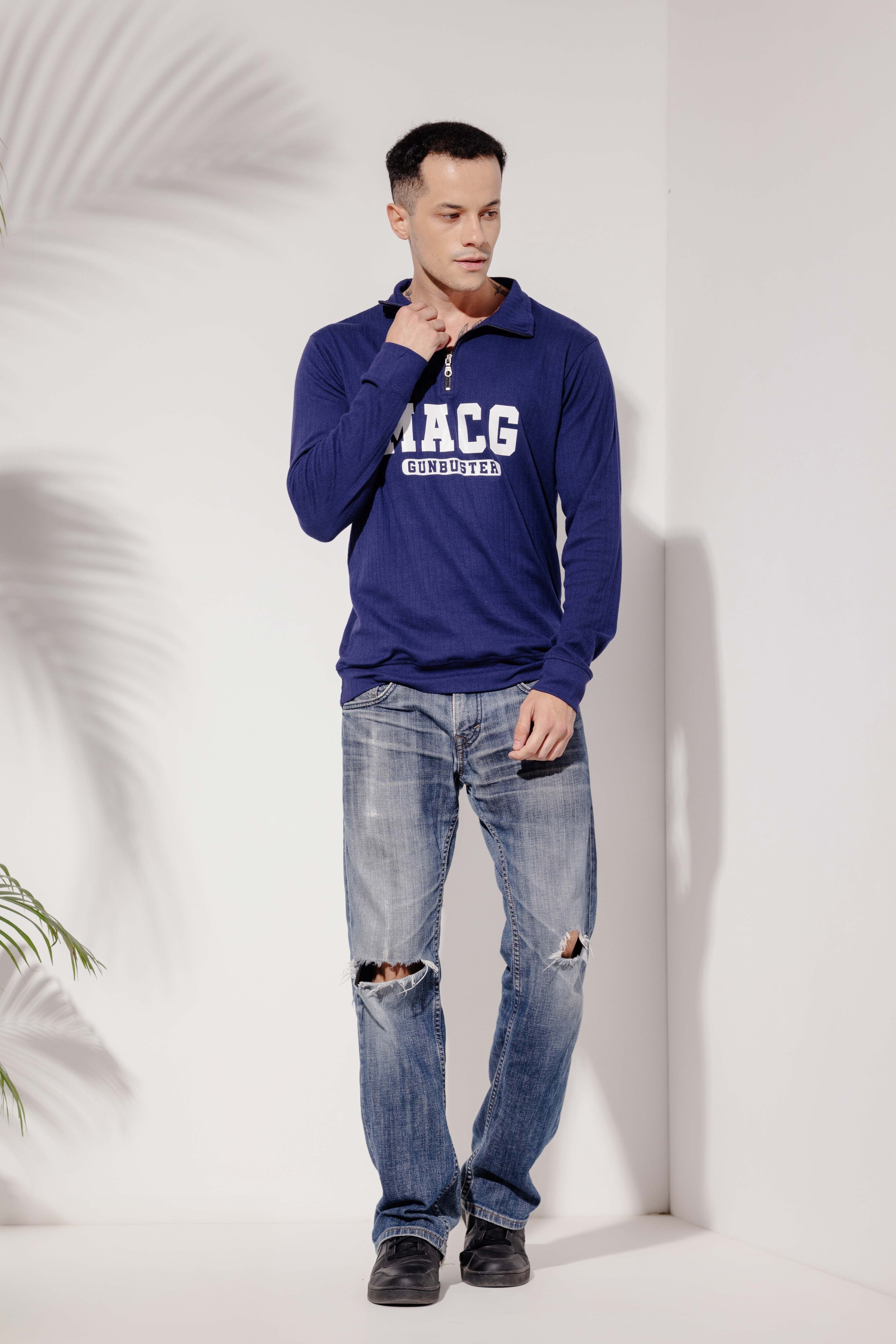 Navy Self Design Printed Zipper T-Shirt