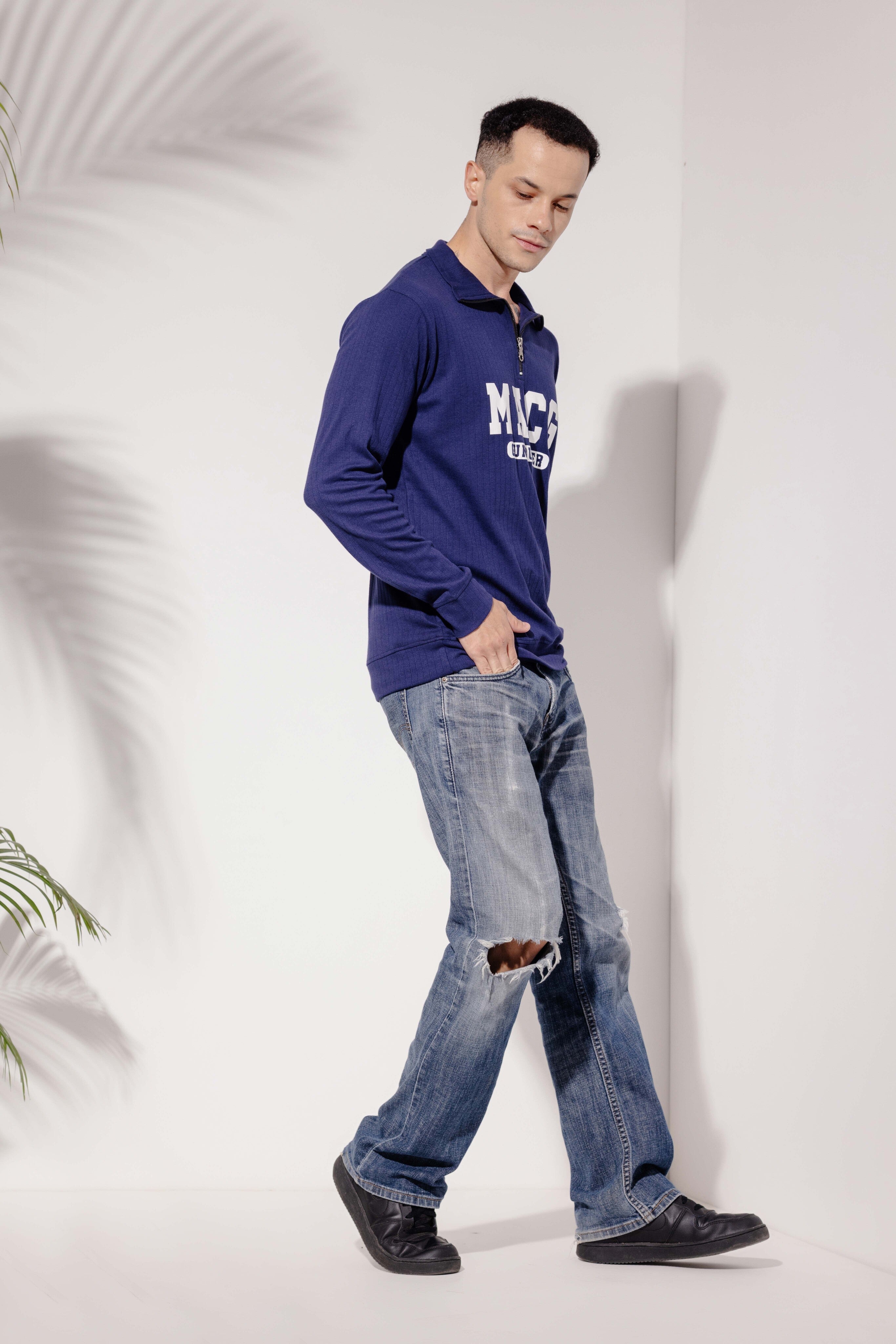Navy Self Design Printed Zipper T-Shirt