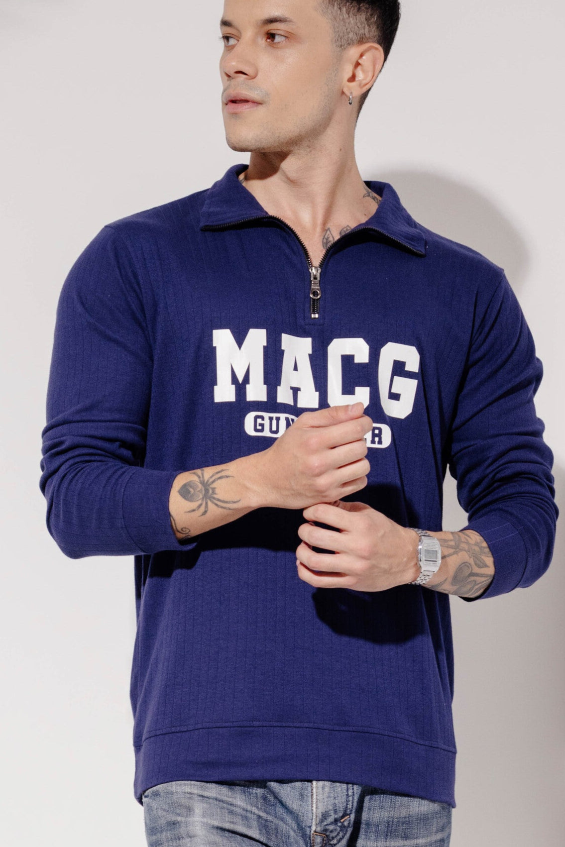 Navy Self Design Printed Zipper T-Shirt