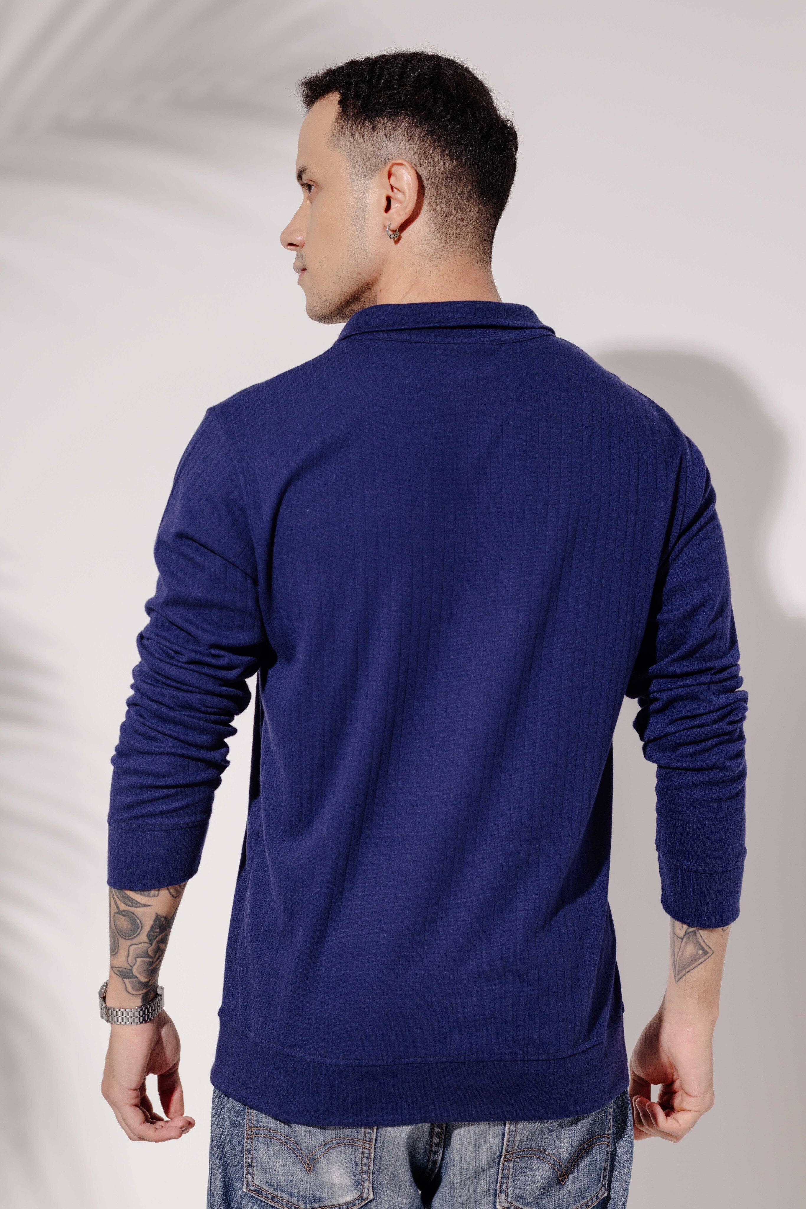 Navy Self Design Printed Zipper T-Shirt