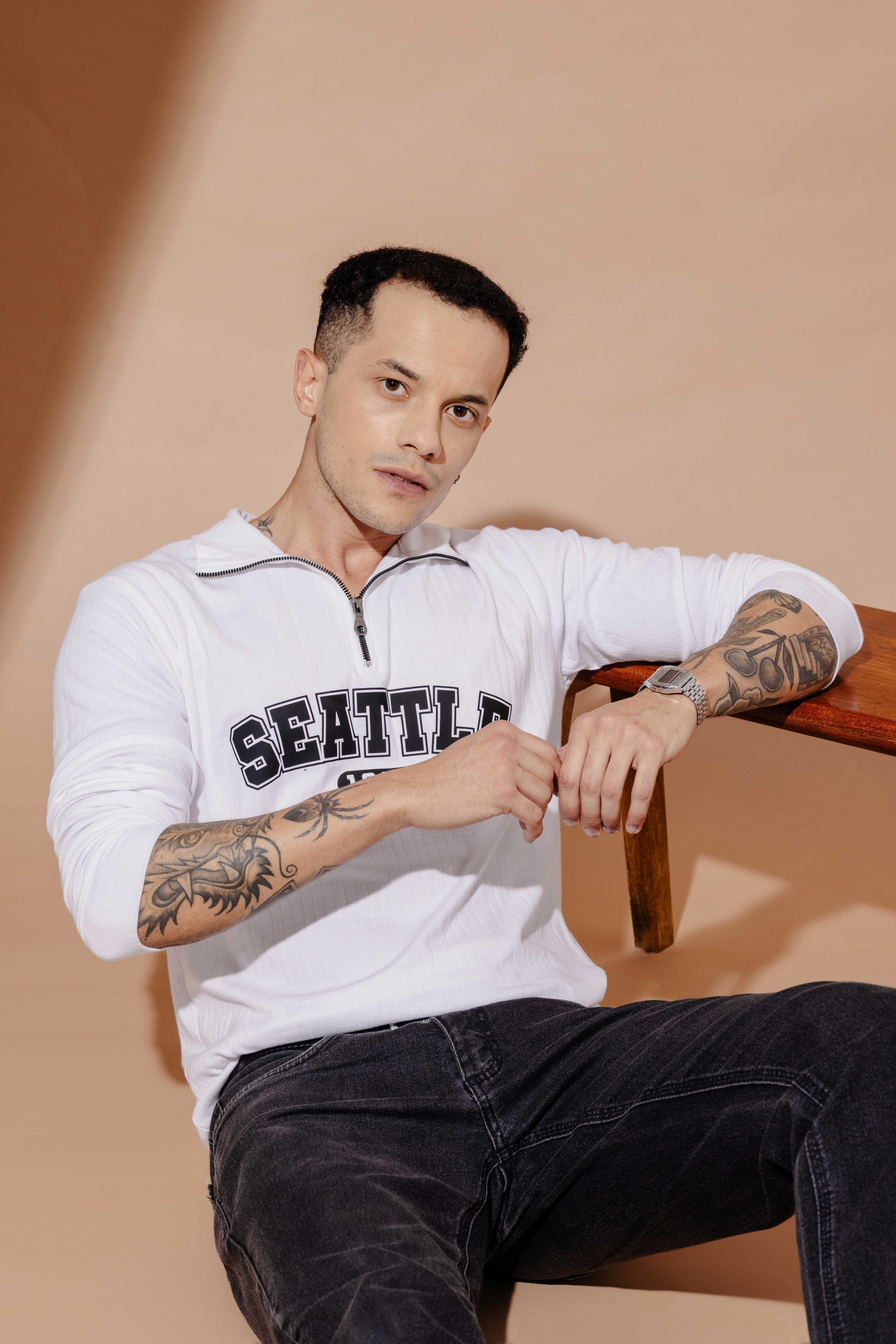 White Self Design Printed Zipper T-Shirt