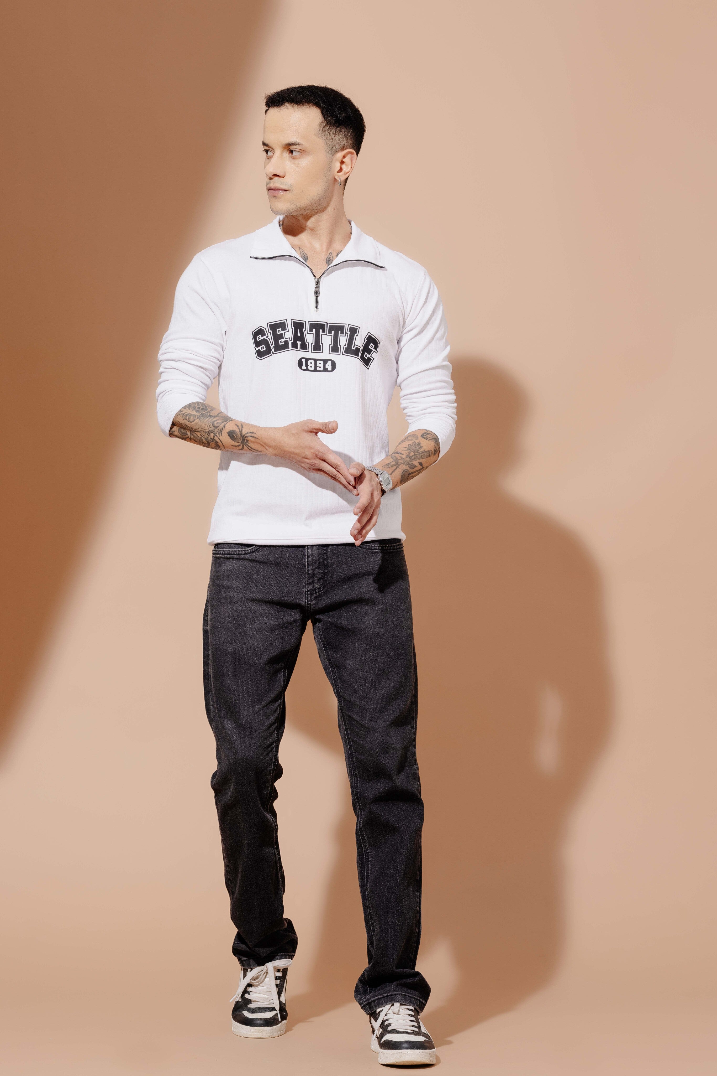 White Self Design Printed Zipper T-Shirt