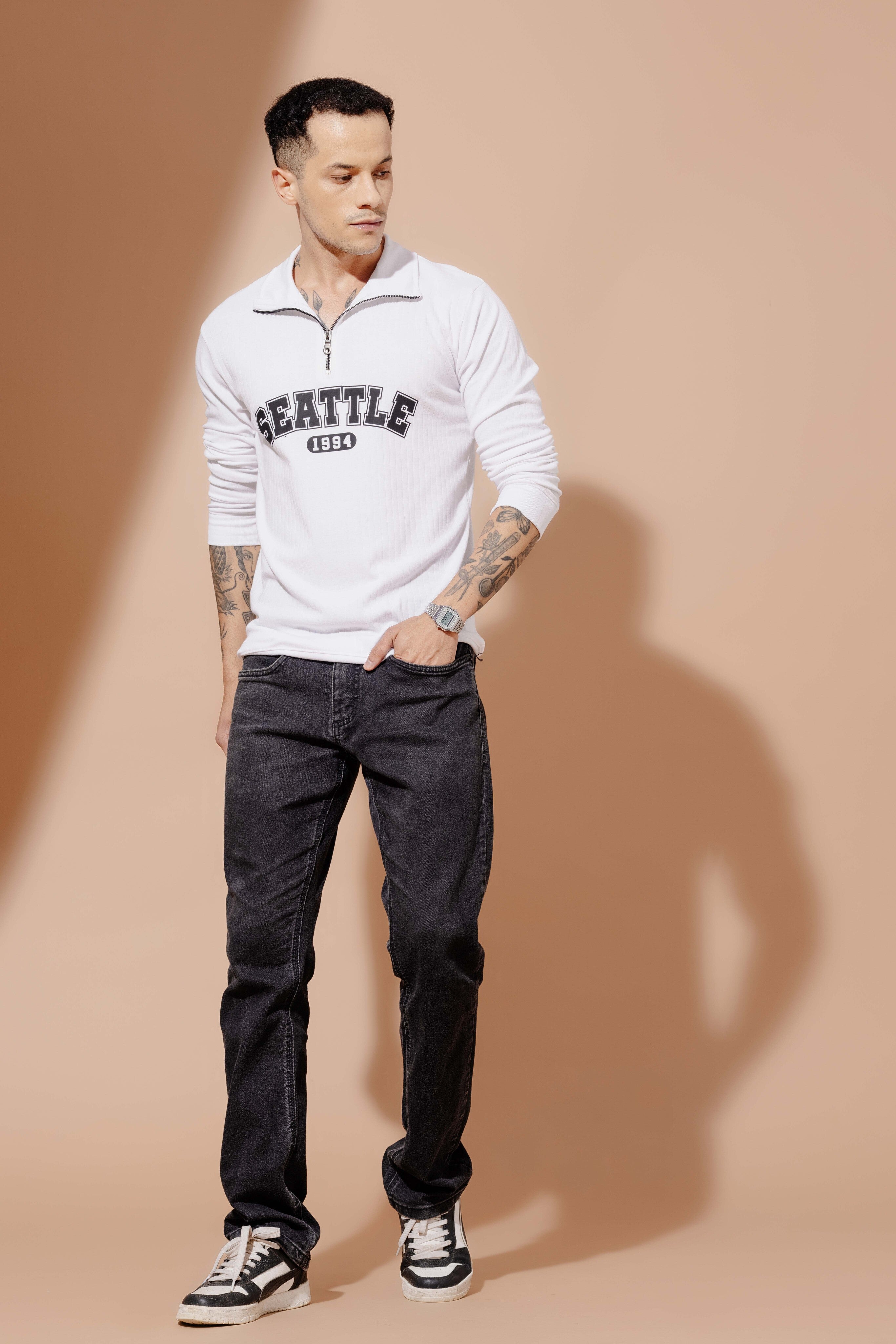 White Self Design Printed Zipper T-Shirt