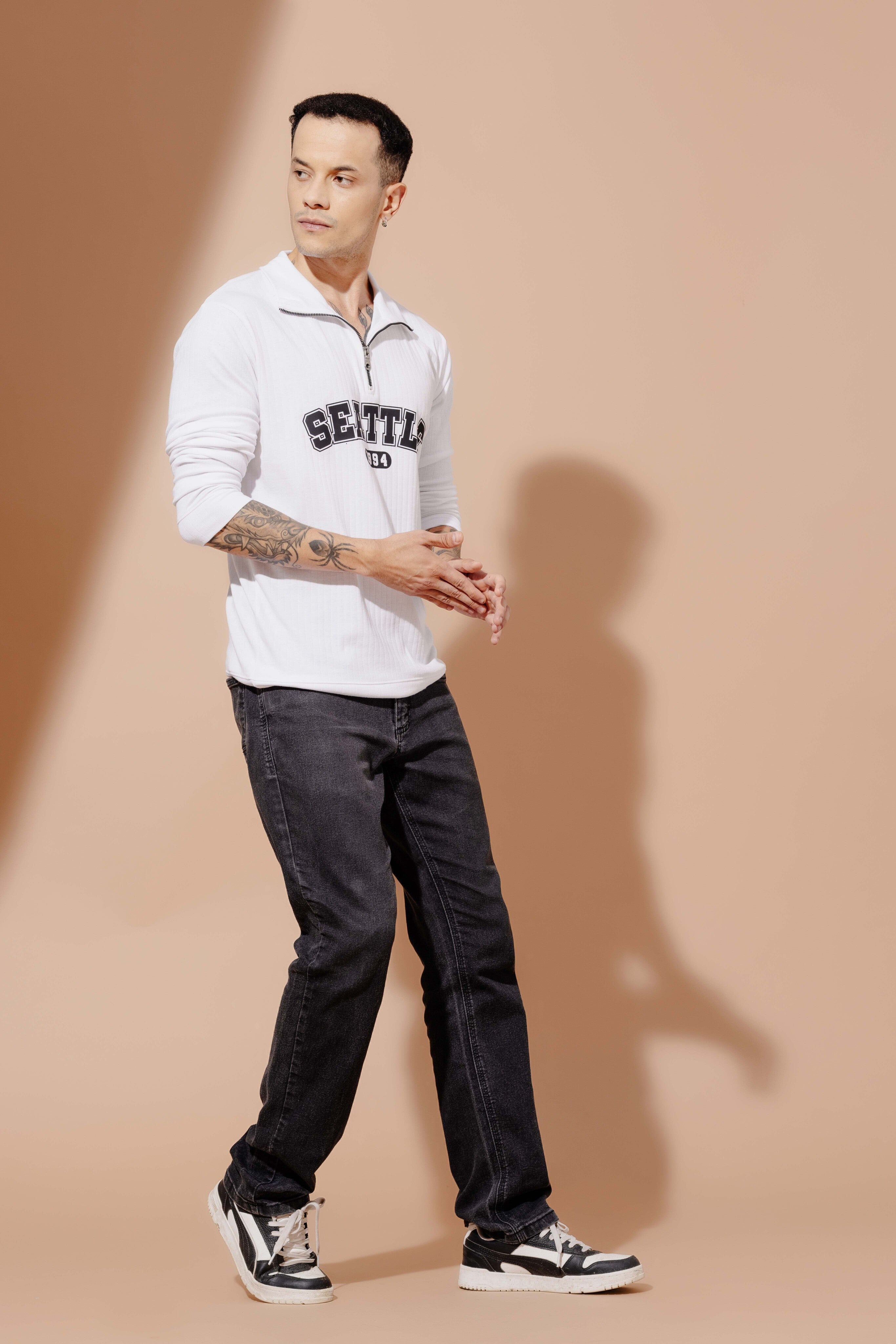 White Self Design Printed Zipper T-Shirt