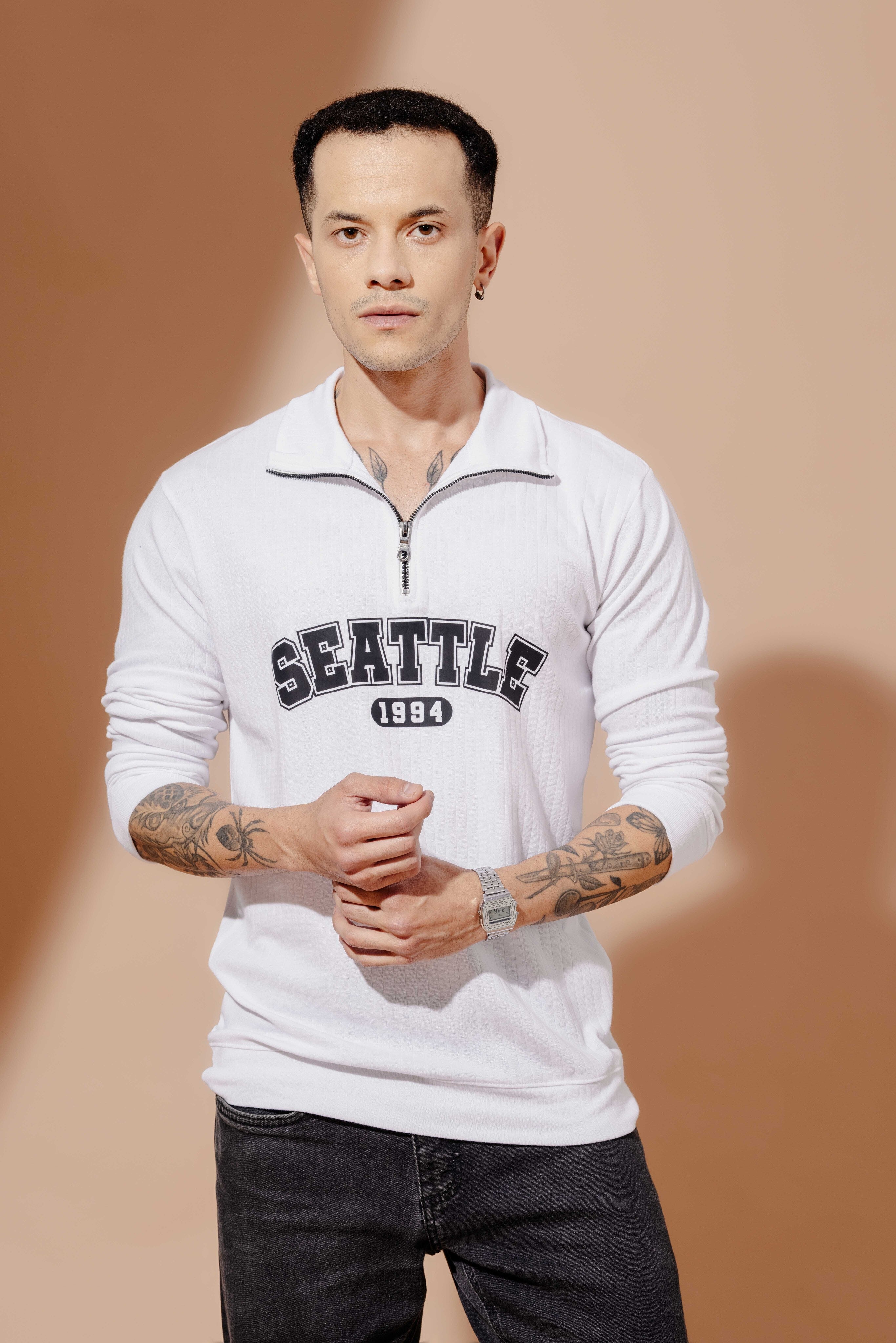 White Self Design Printed Zipper T-Shirt