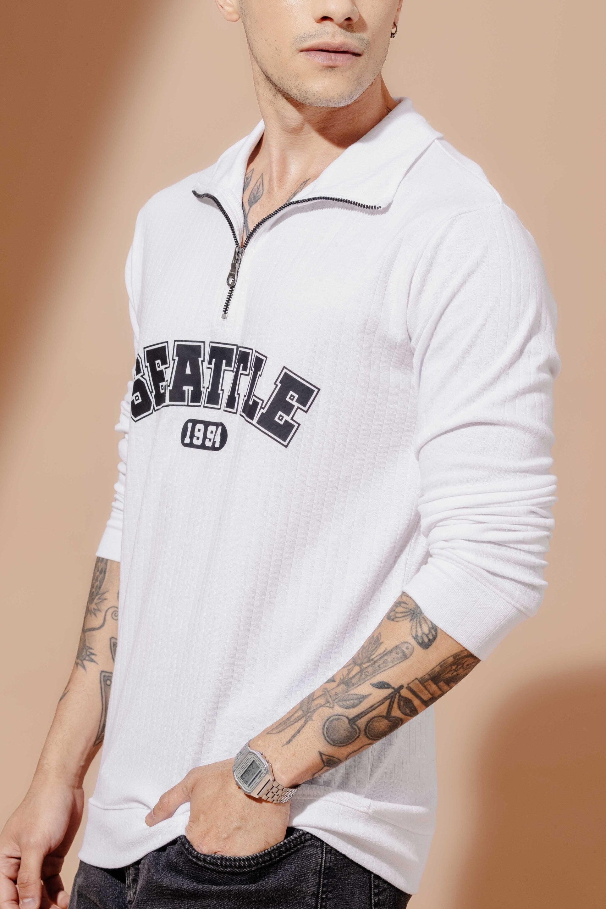 White Self Design Printed Zipper T-Shirt