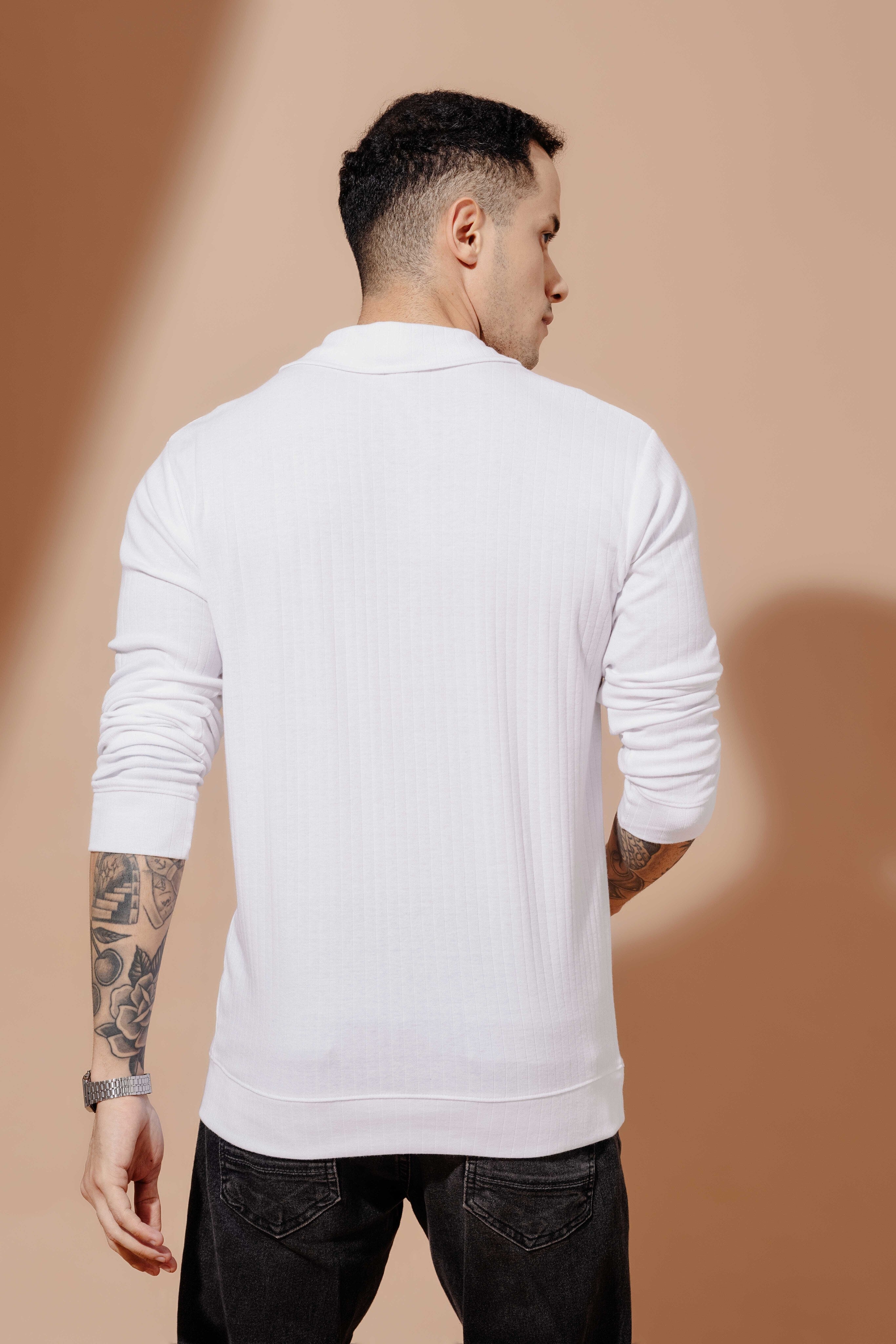 White Self Design Printed Zipper T-Shirt