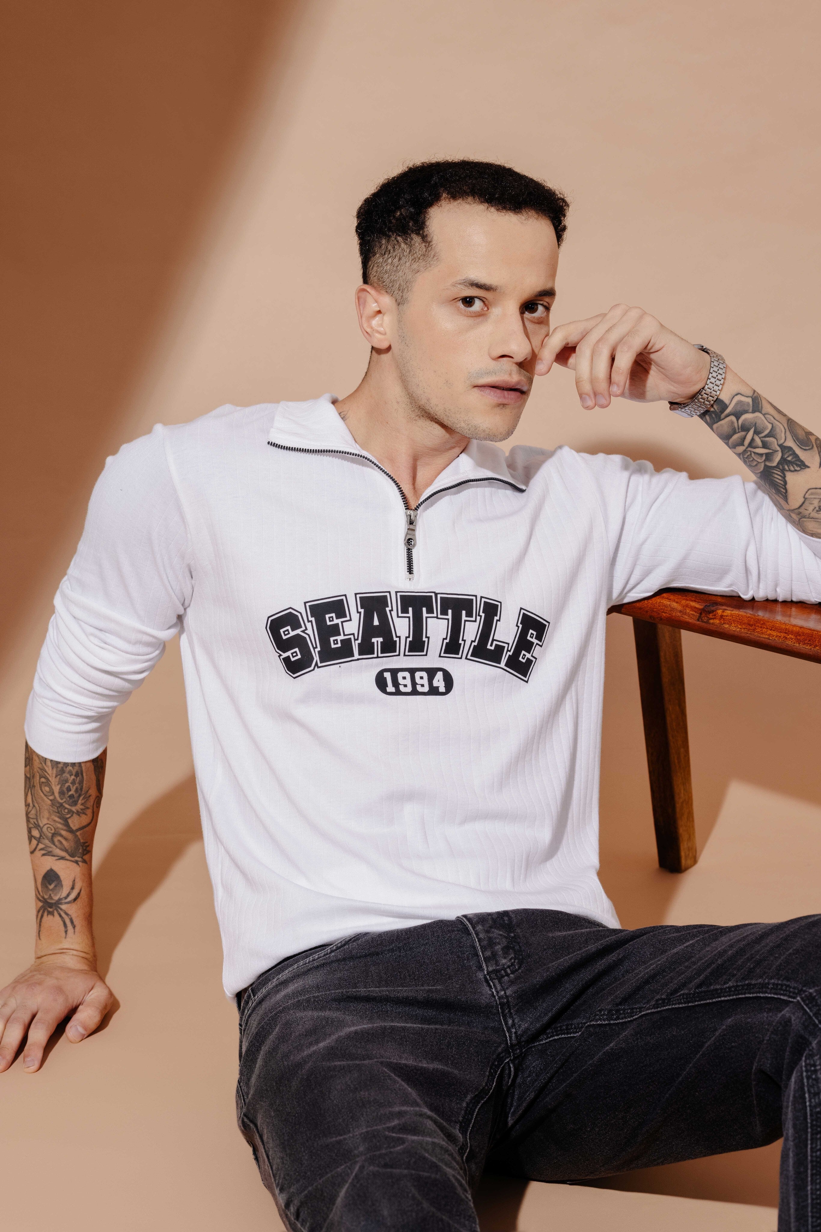 White Self Design Printed Zipper T-Shirt