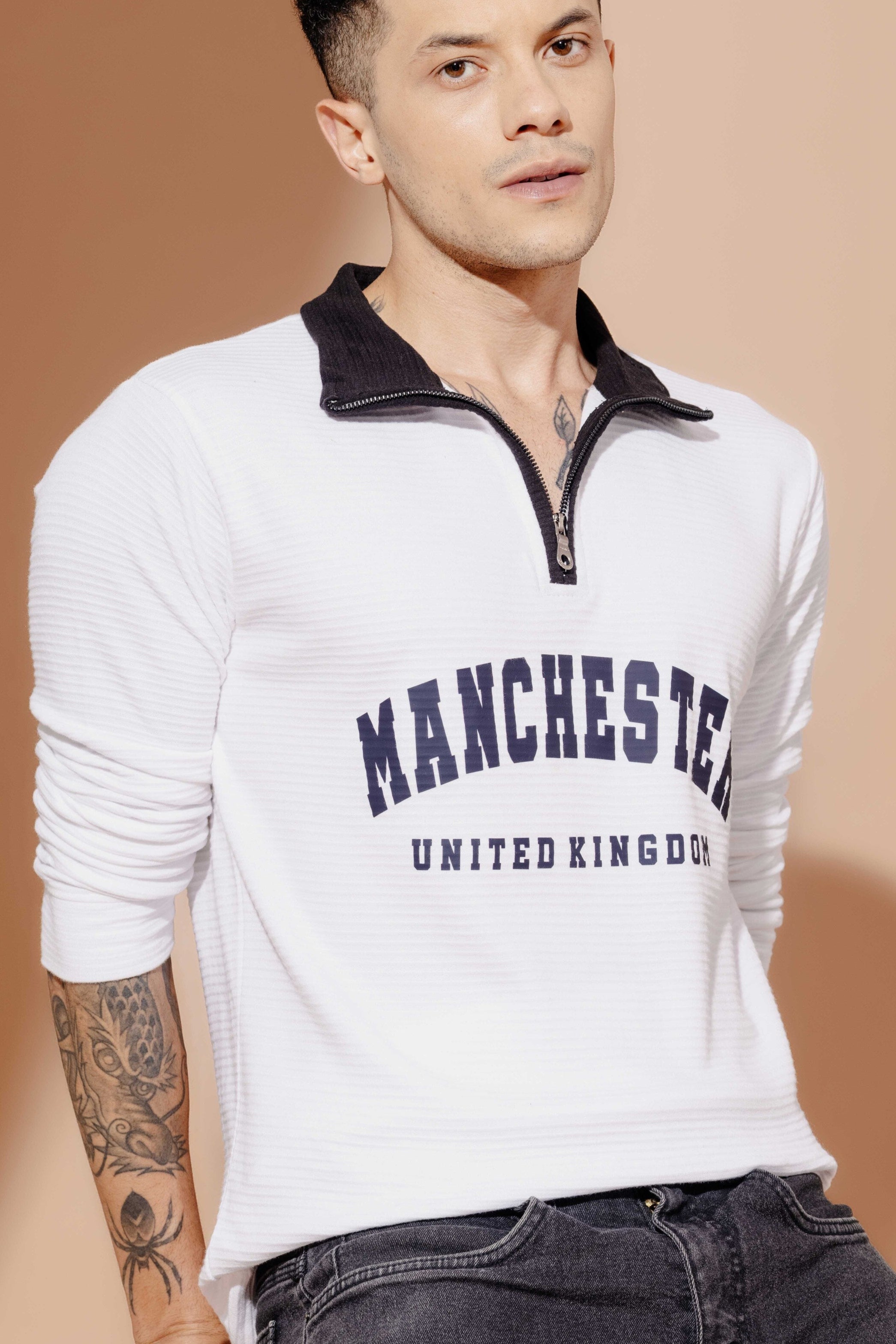 White "MANCHESTER" Cotton full sleeve Printed Zipper T-Shirt