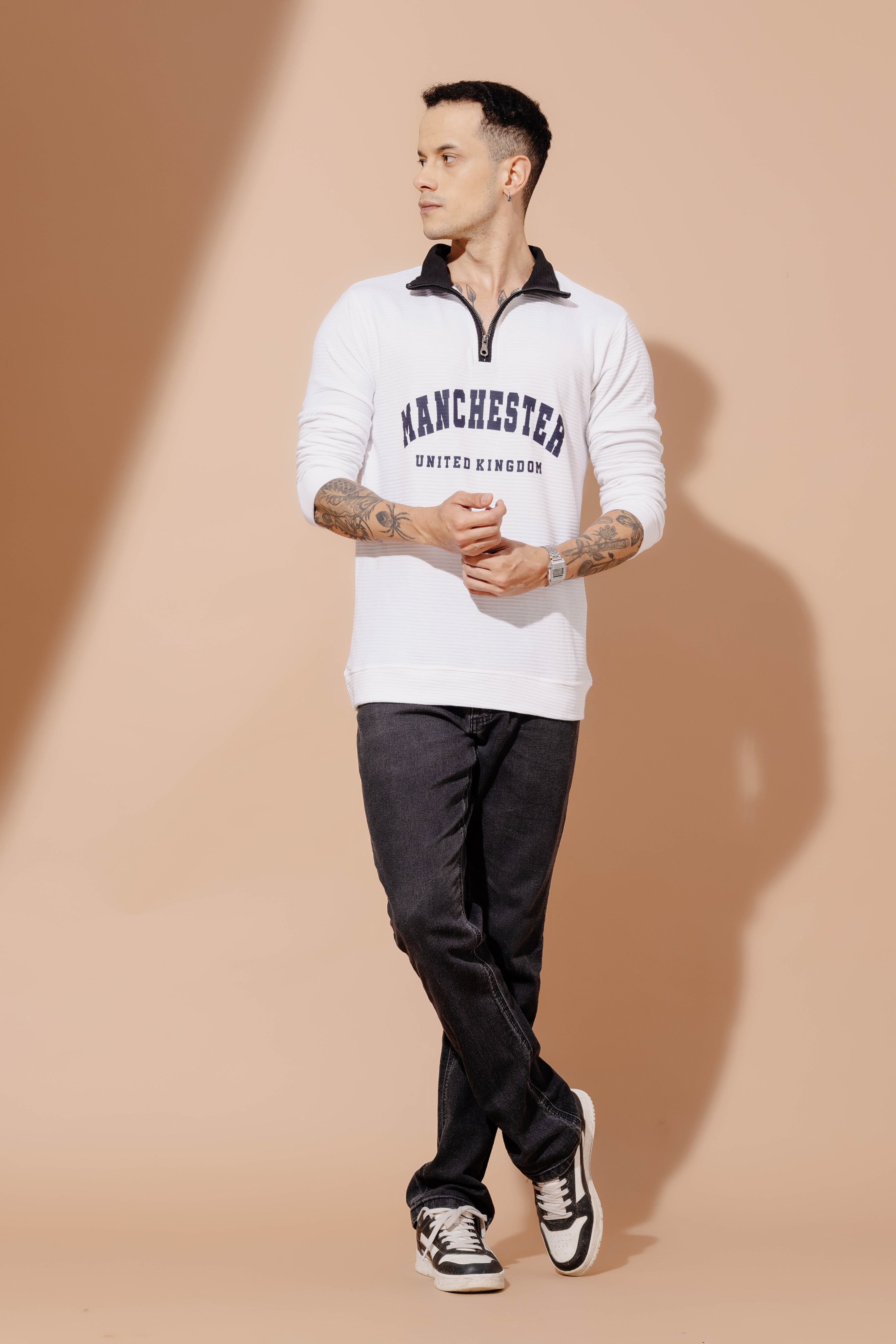 White "MANCHESTER" Cotton full sleeve Printed Zipper T-Shirt