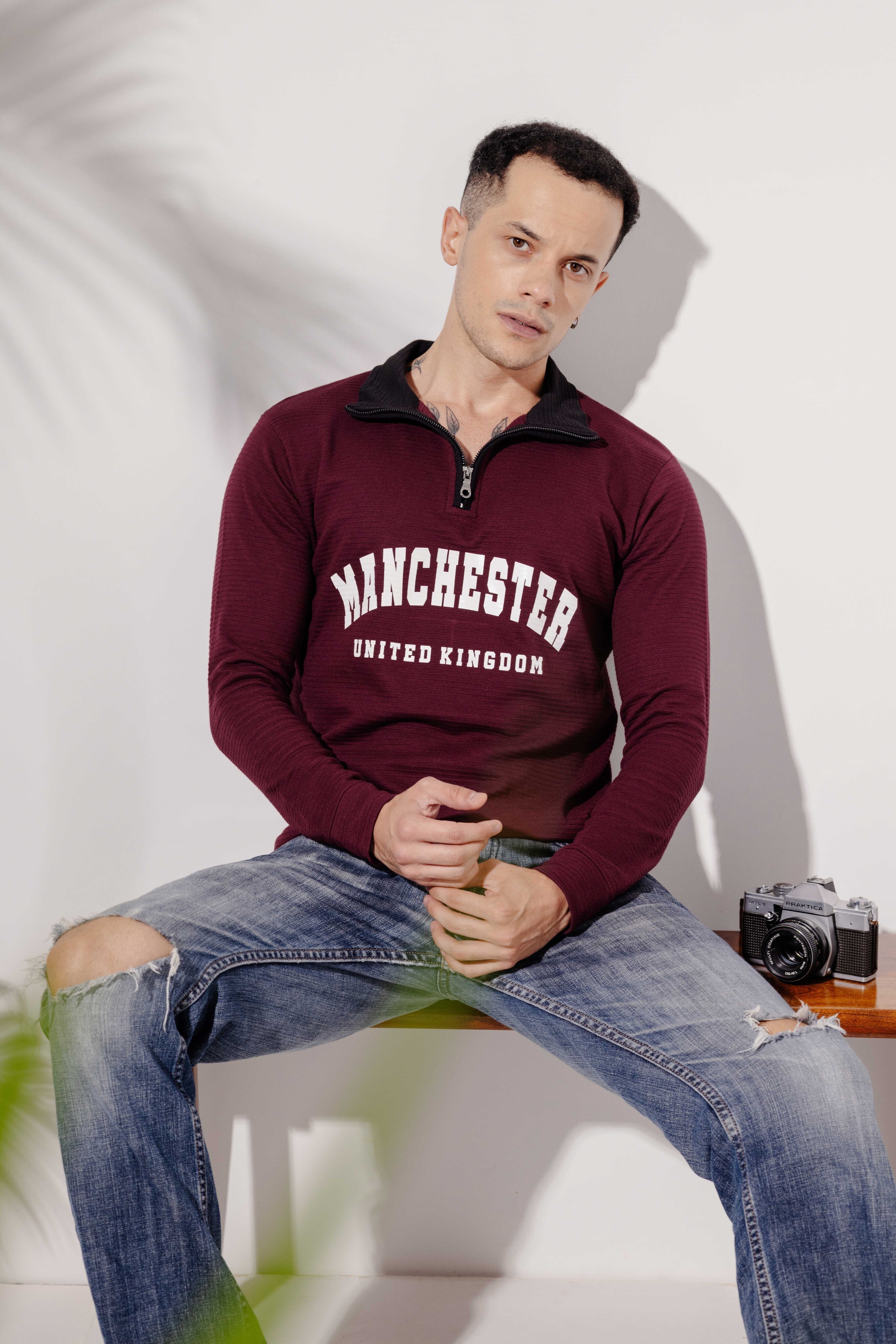 Wine Self Design full sleeve Printed Zipper T-Shirt