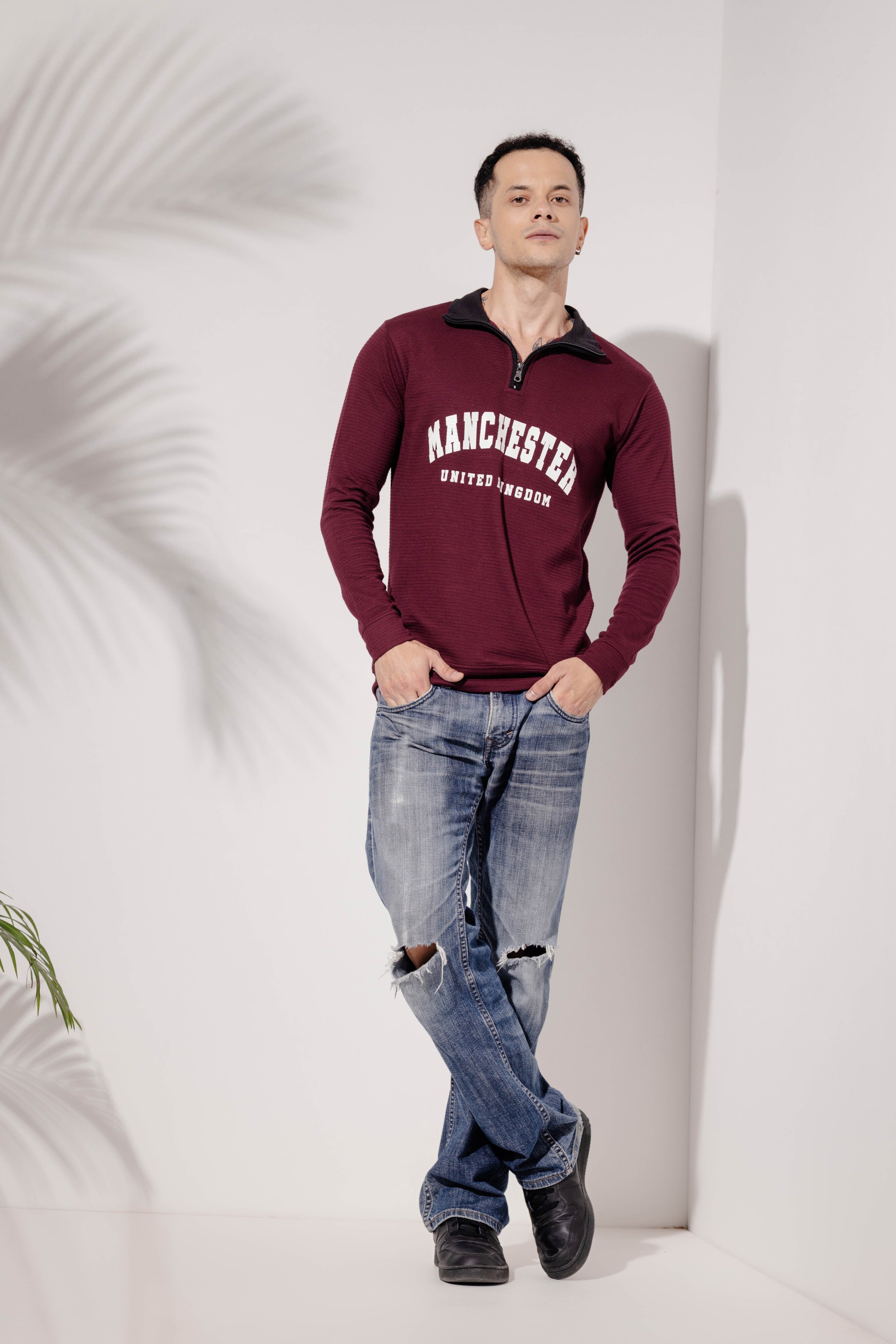 Wine Self Design full sleeve Printed Zipper T-Shirt