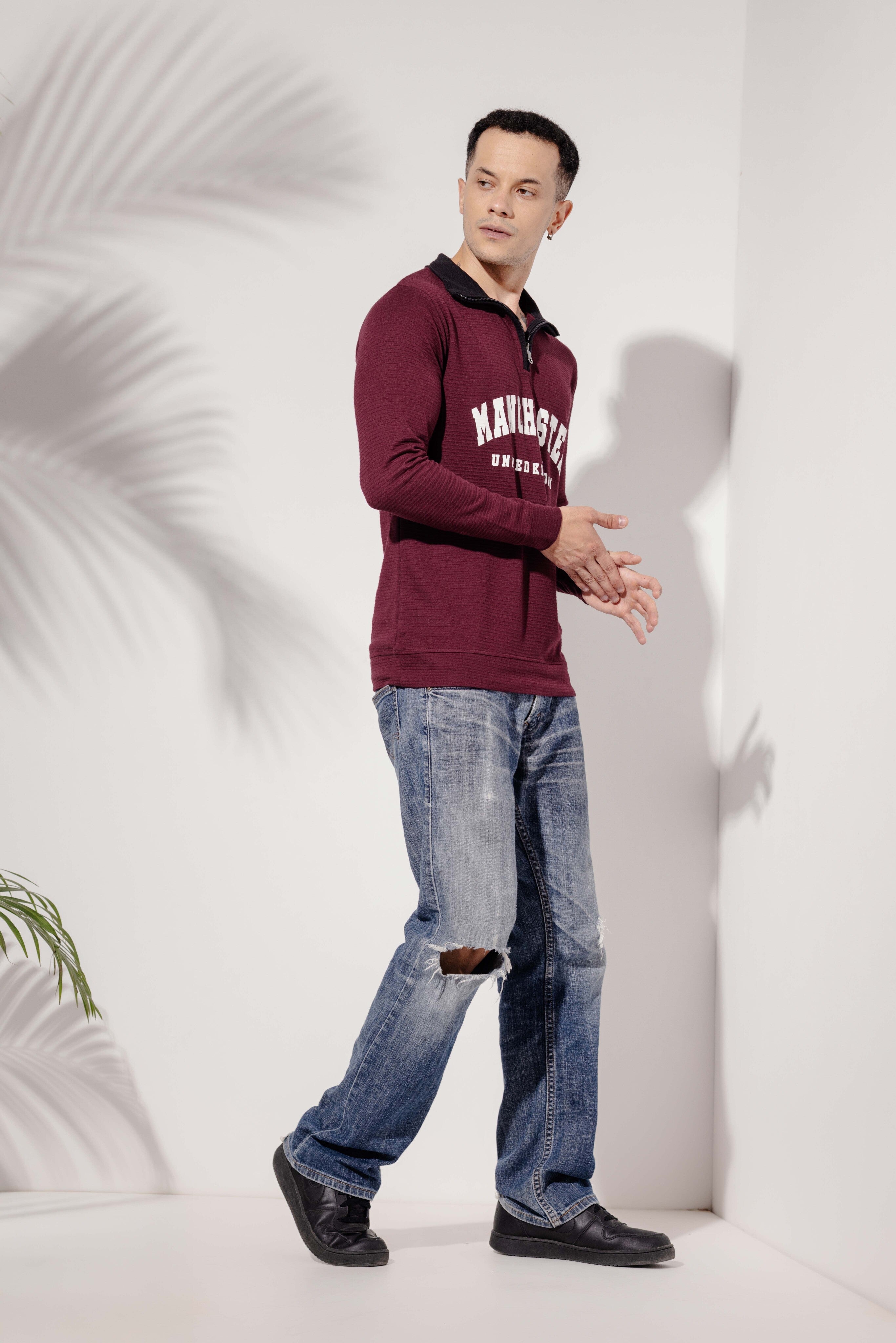 Wine Self Design full sleeve Printed Zipper T-Shirt