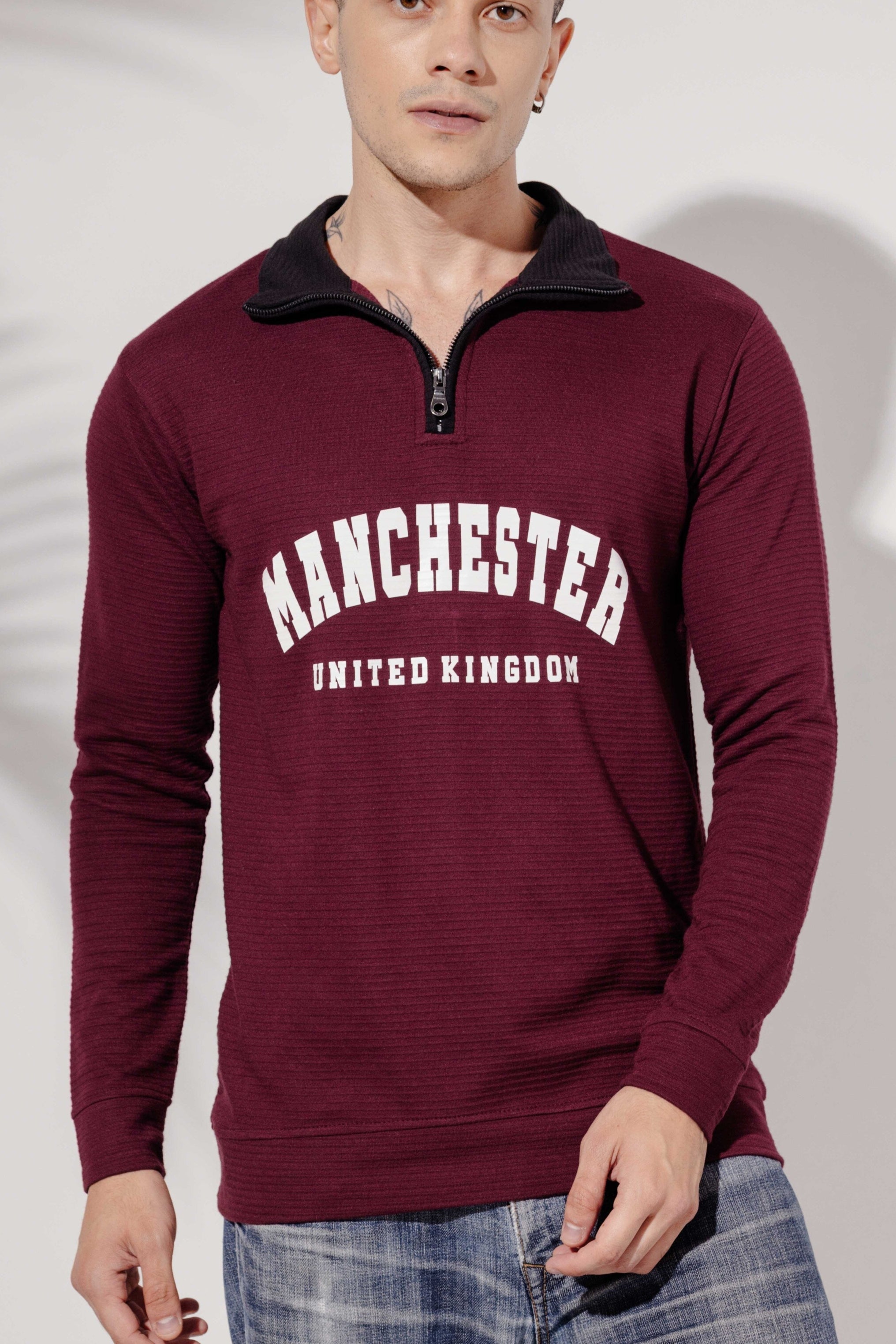 Wine Self Design full sleeve Printed Zipper T-Shirt
