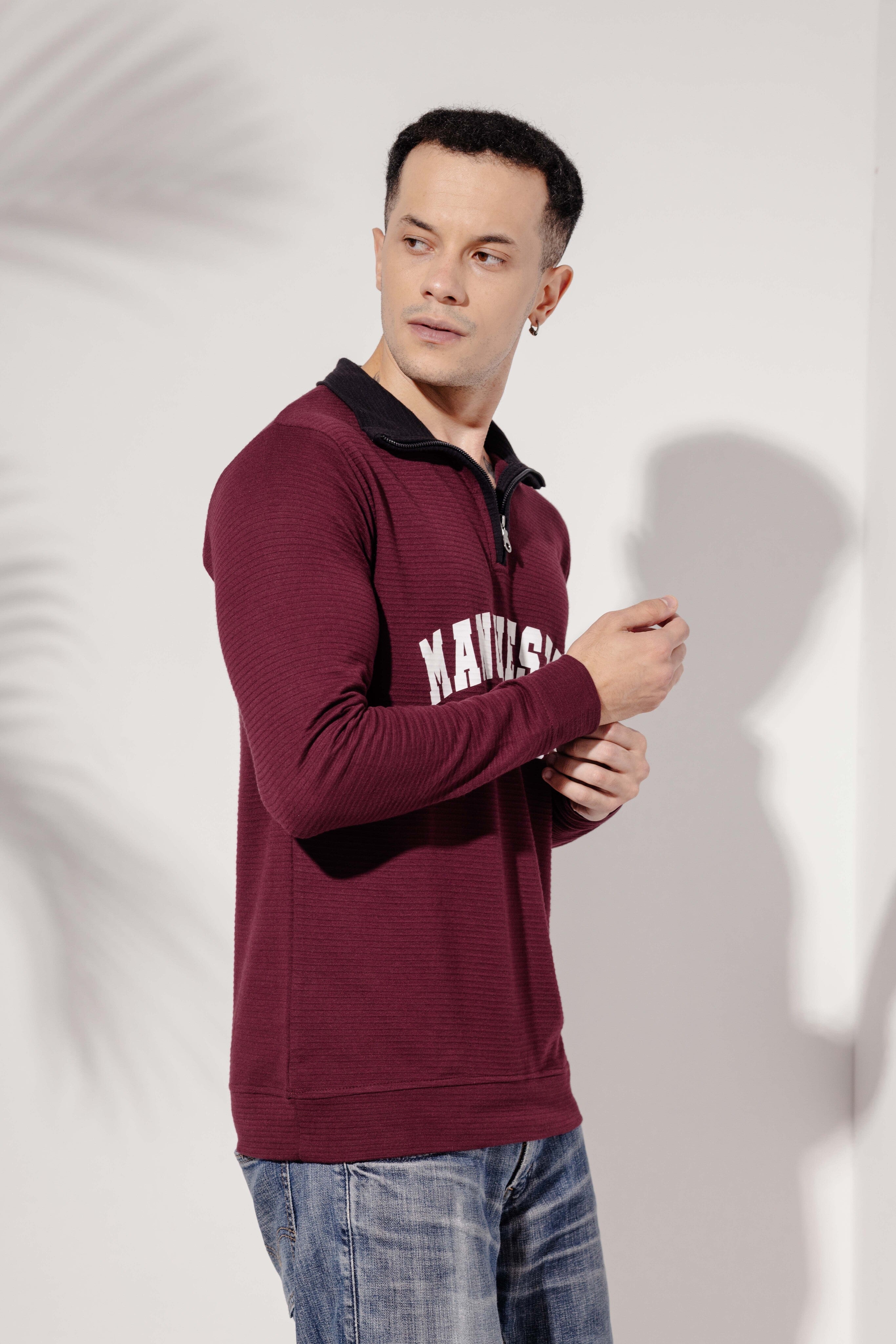 Wine Self Design full sleeve Printed Zipper T-Shirt