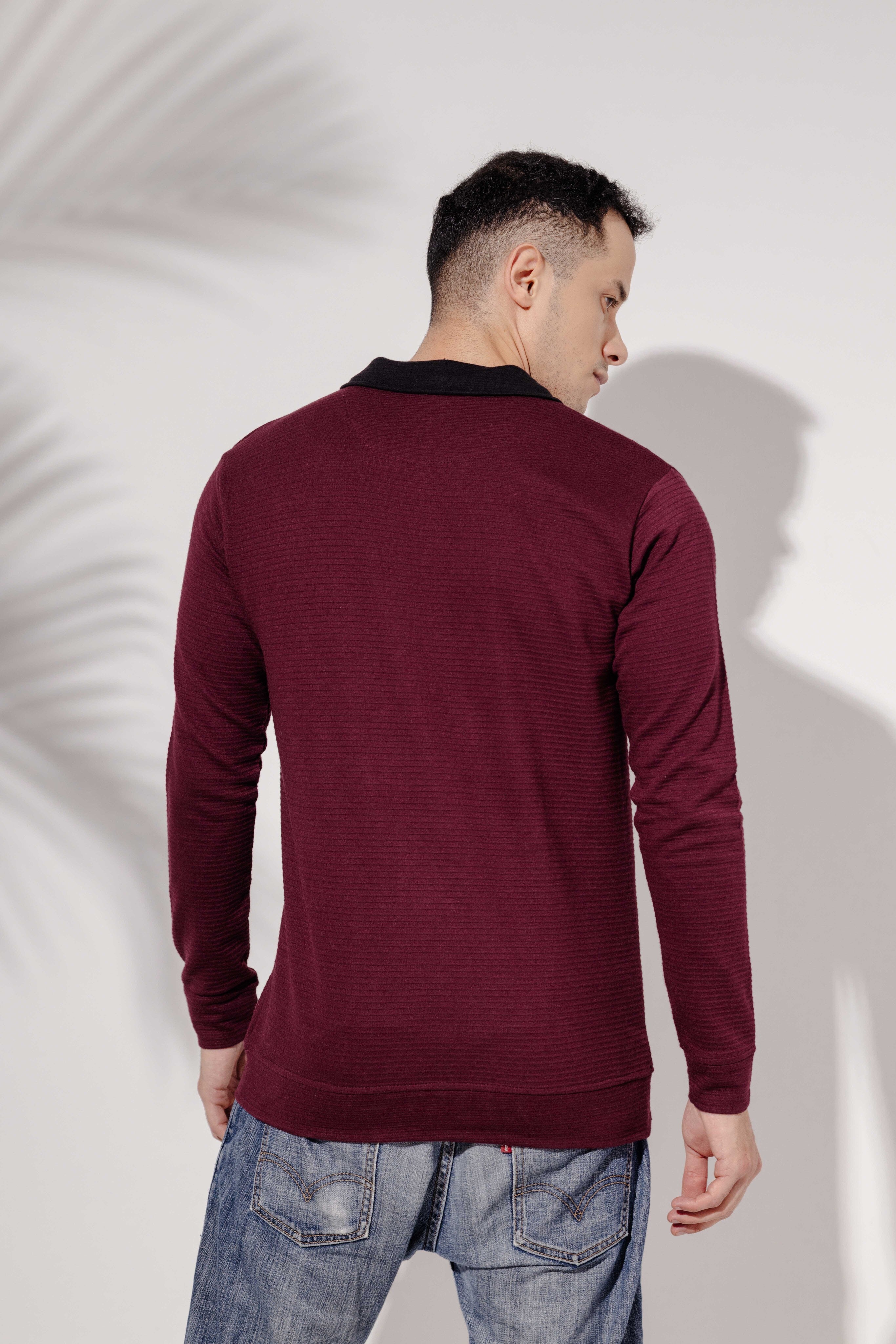 Wine Self Design full sleeve Printed Zipper T-Shirt