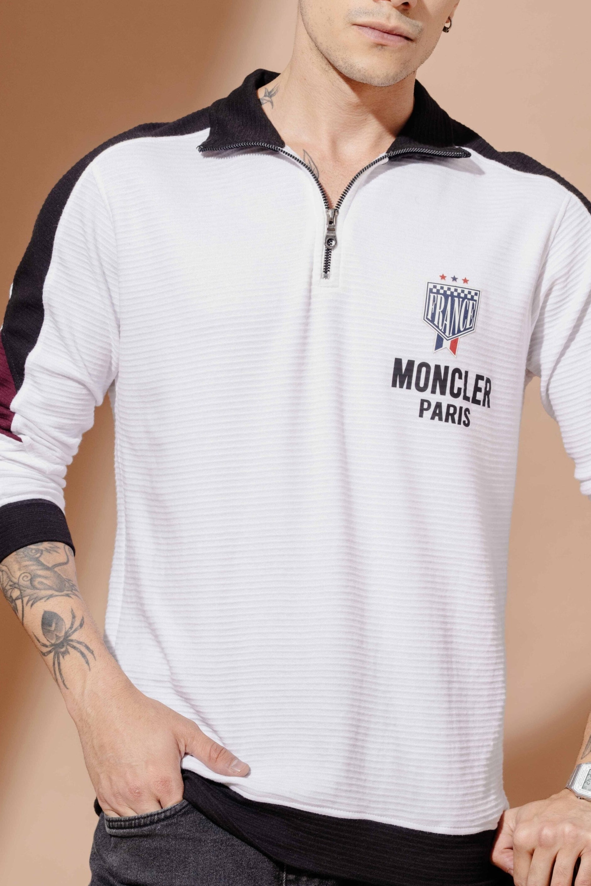 White Cotton full sleeve Printed Zipper T-Shirt