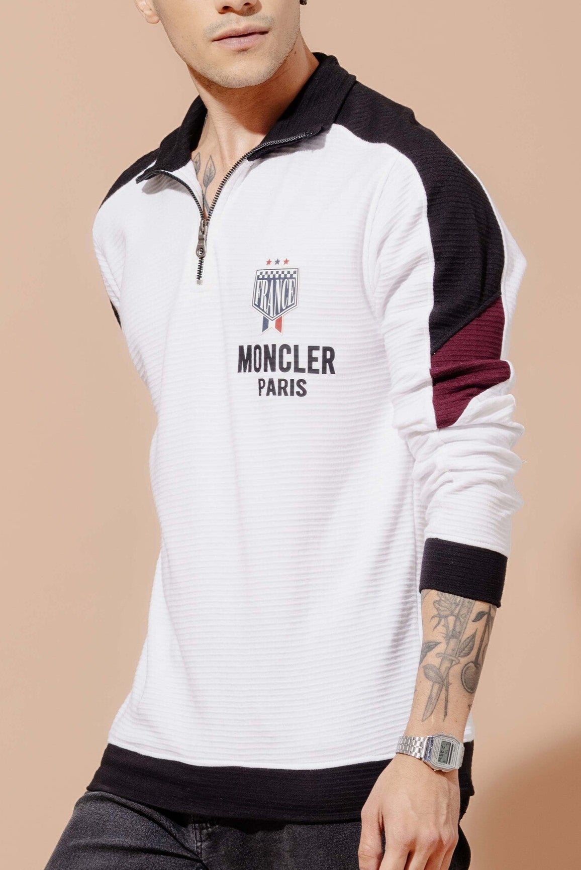 White Cotton full sleeve Printed Zipper T-Shirt