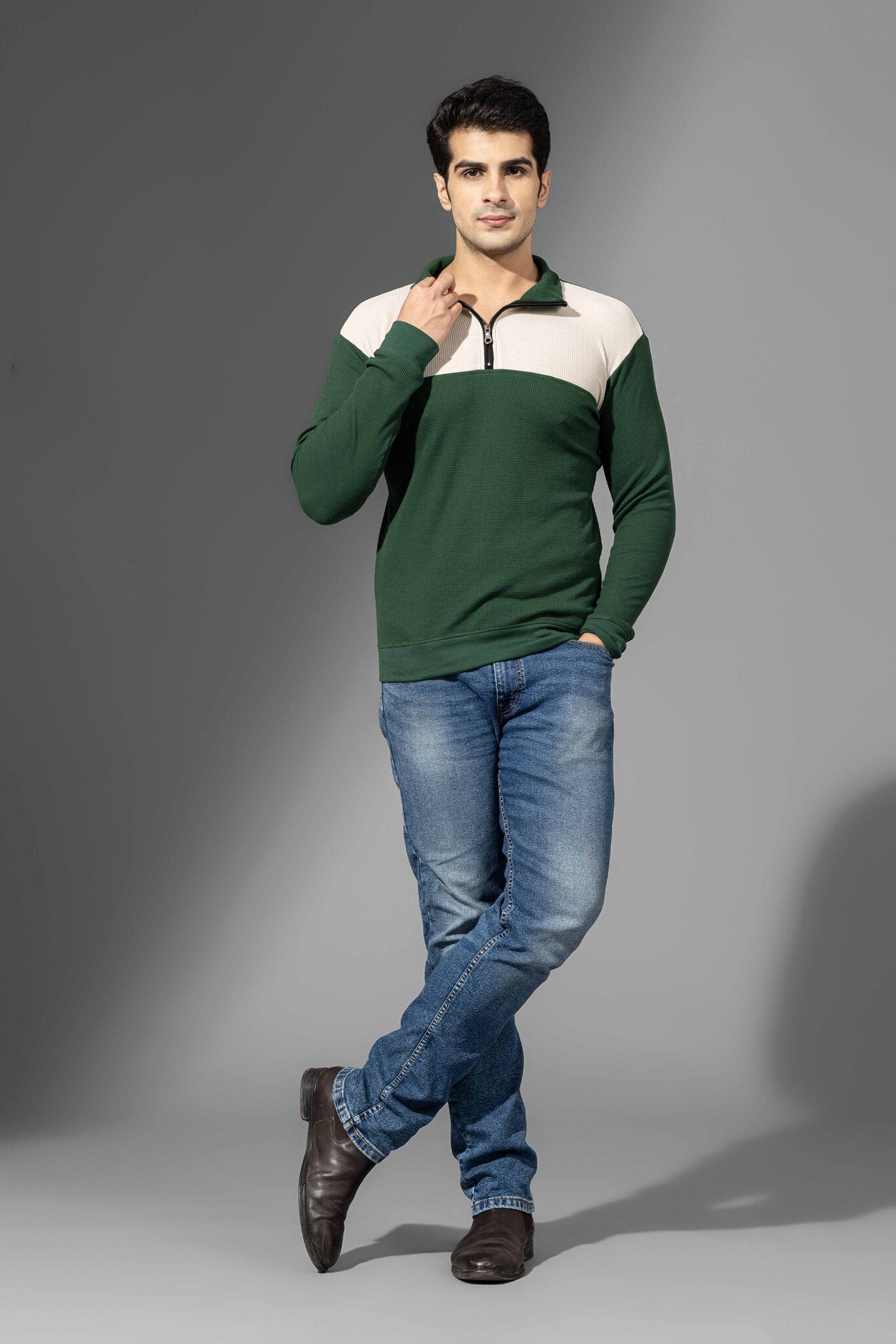 Cream Green Self Design Zipper T-Shirt