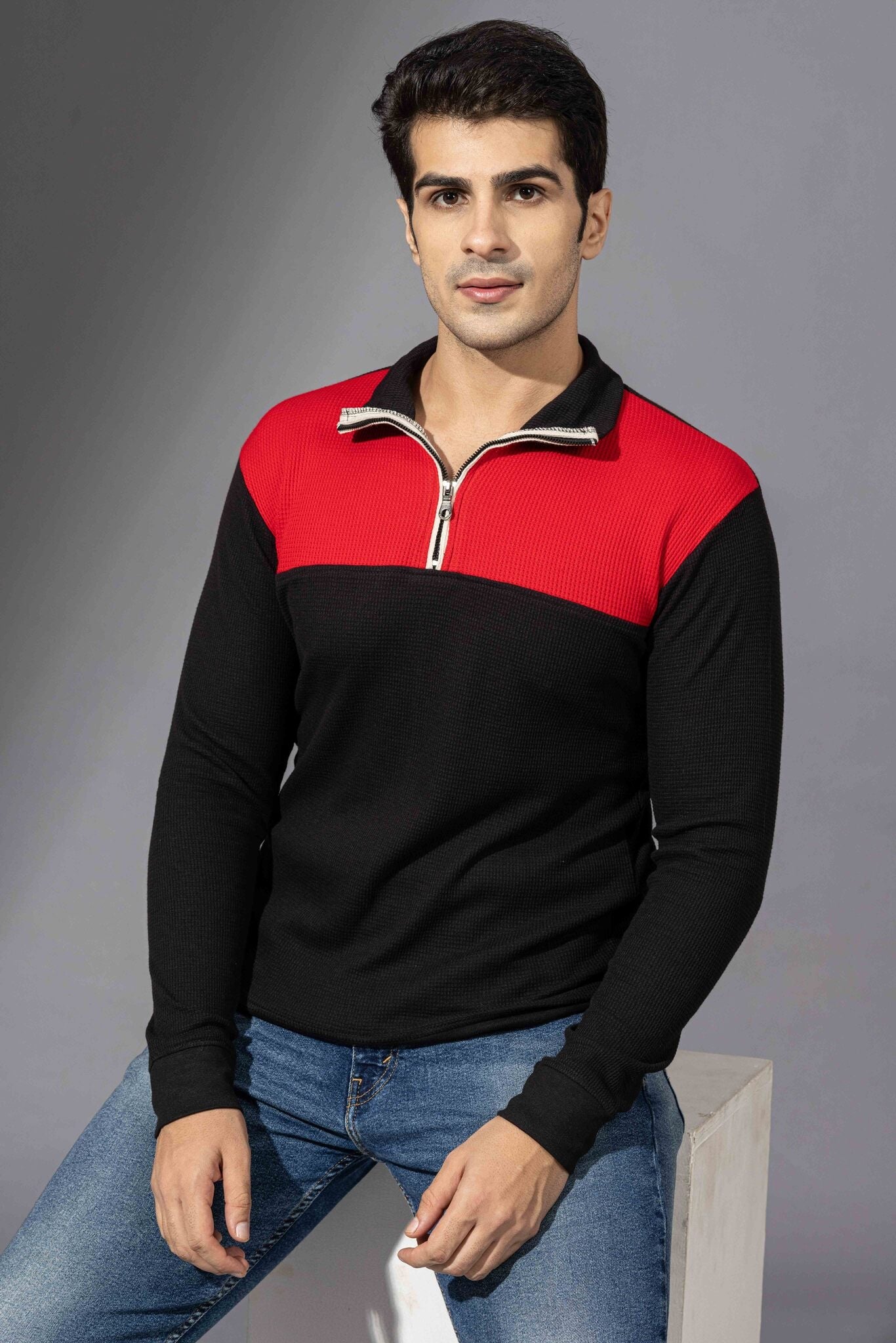 Red Black Self Design Zipper T-Shirt