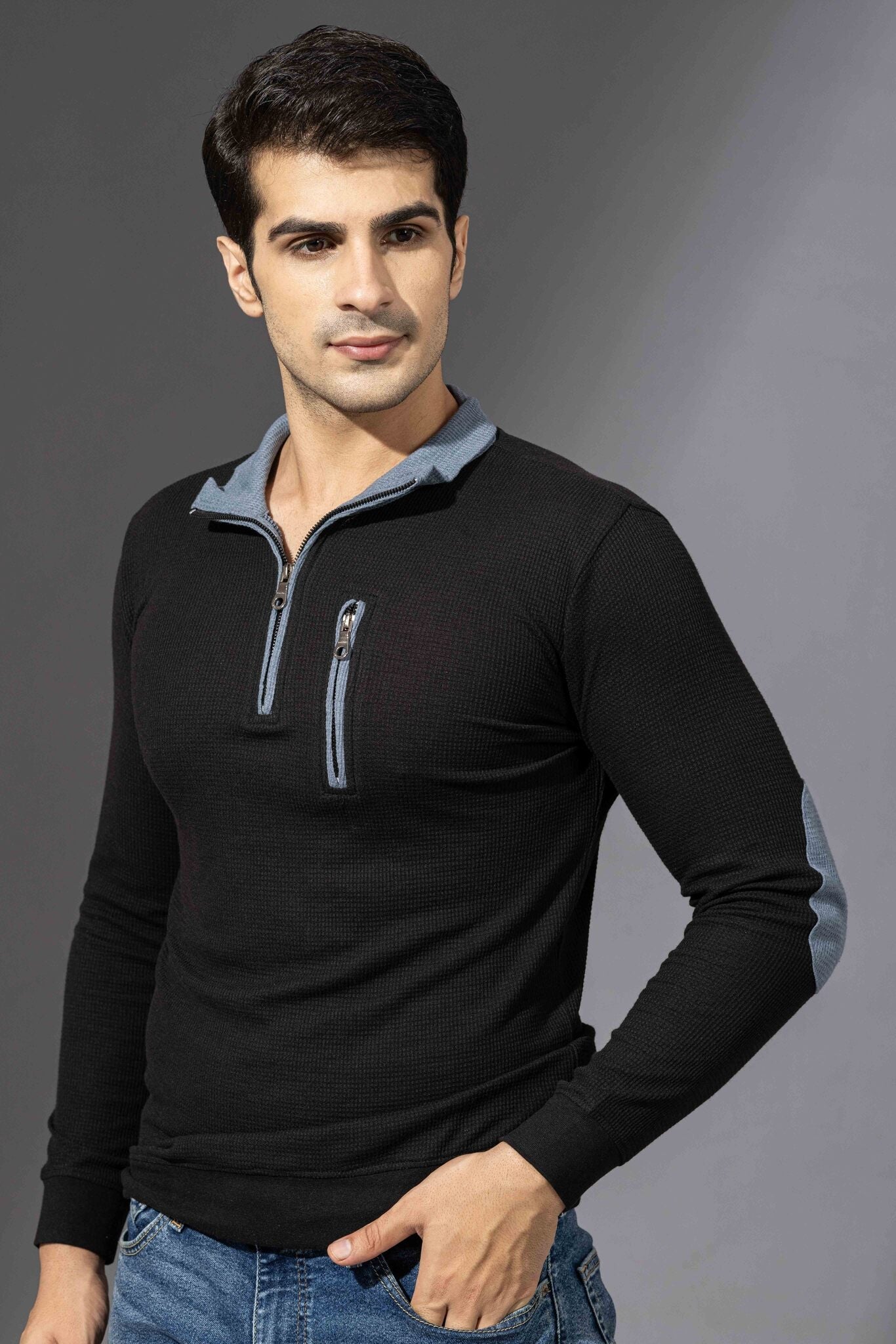 Black Self Design Waffle Zipper T-Shirt