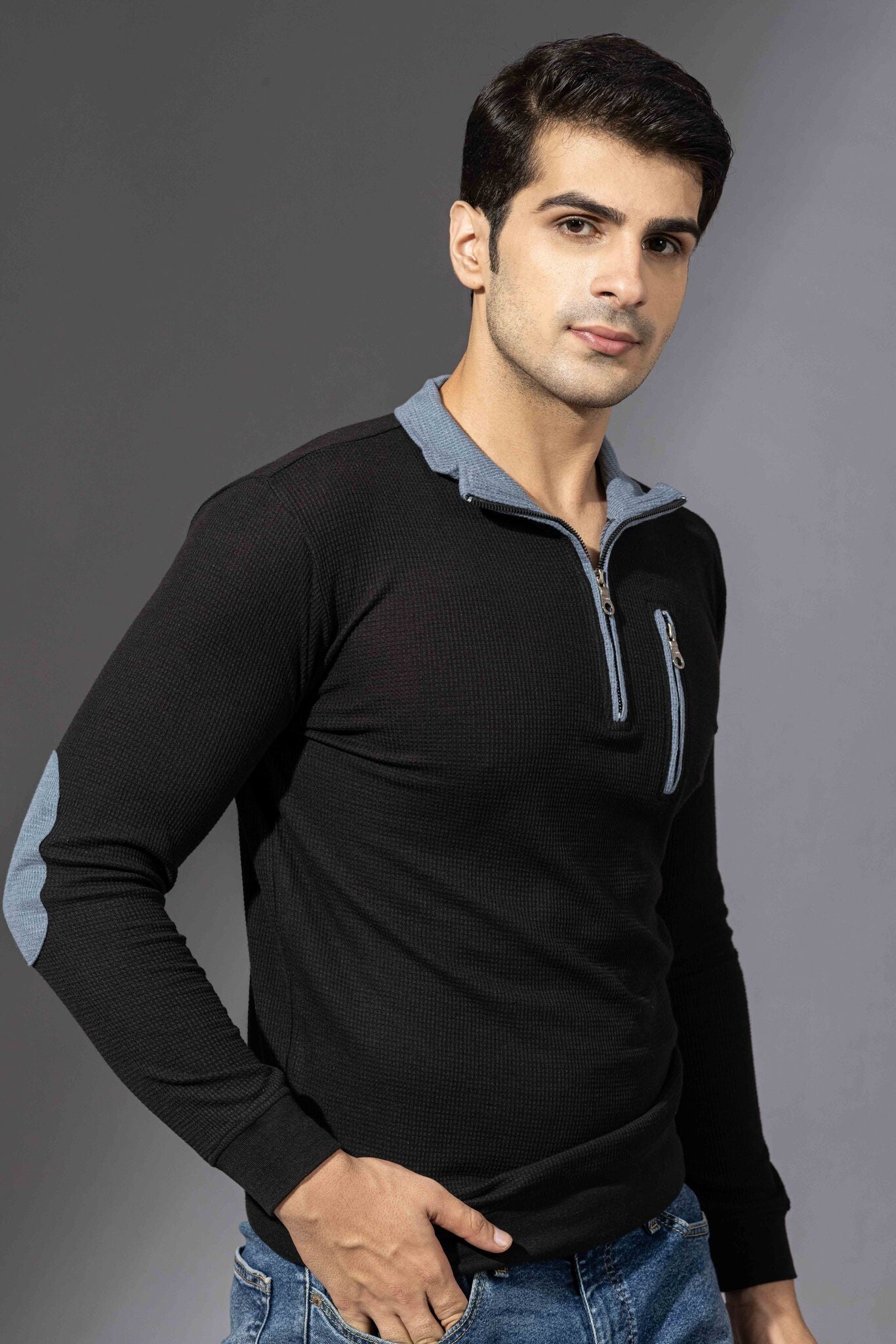 Black Self Design Waffle Zipper T-Shirt