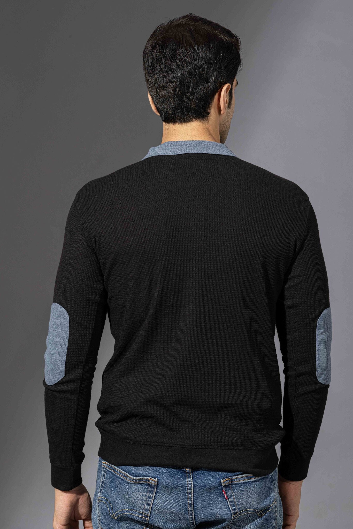 Black Self Design Waffle Zipper T-Shirt