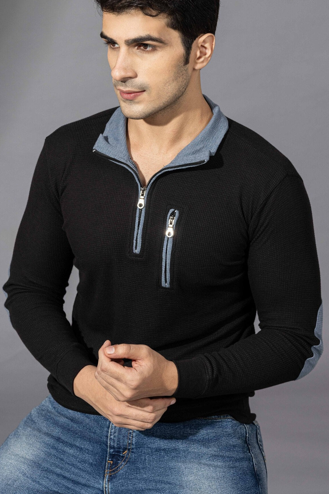 Black Self Design Waffle Zipper T-Shirt