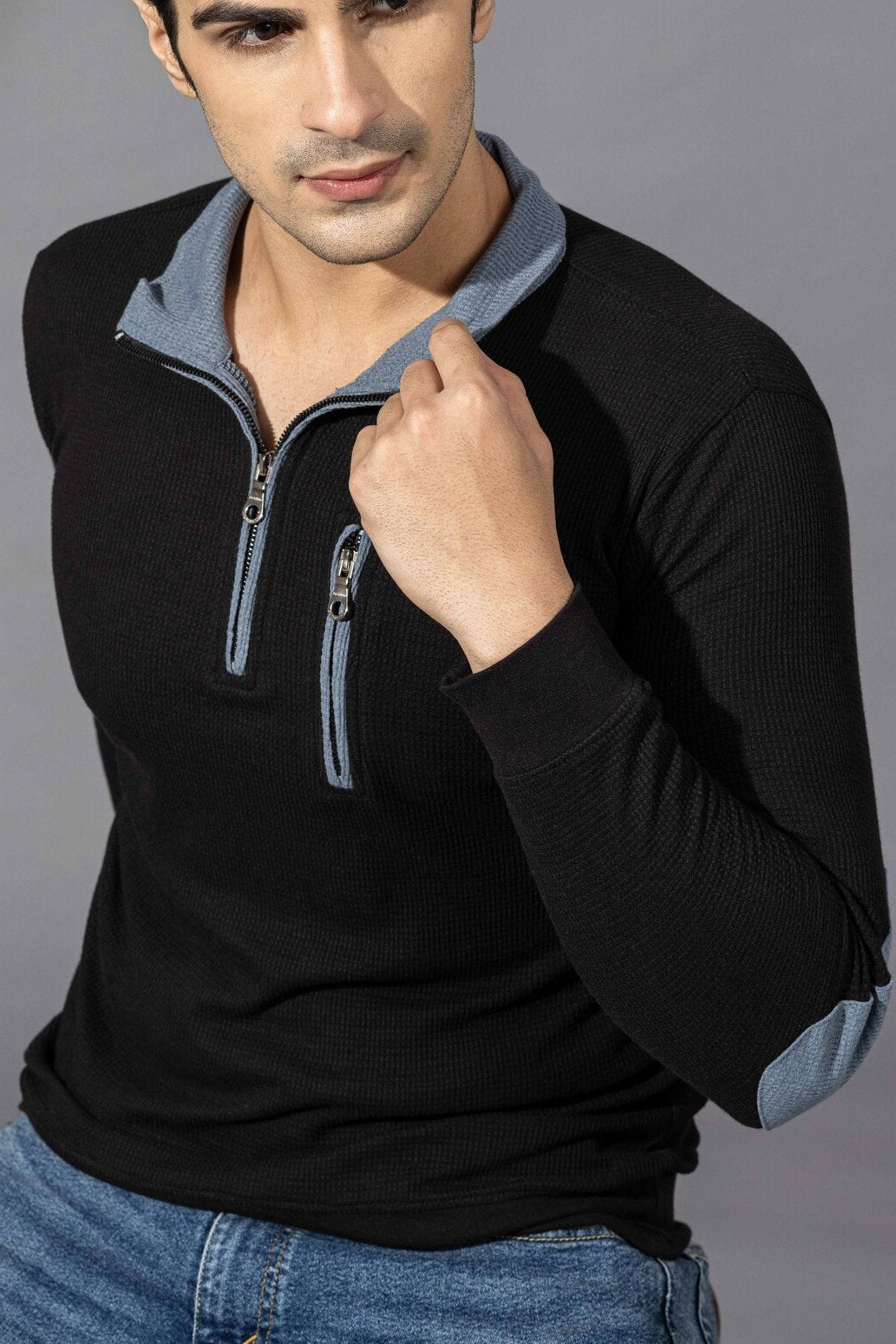 Black Self Design Waffle Zipper T-Shirt