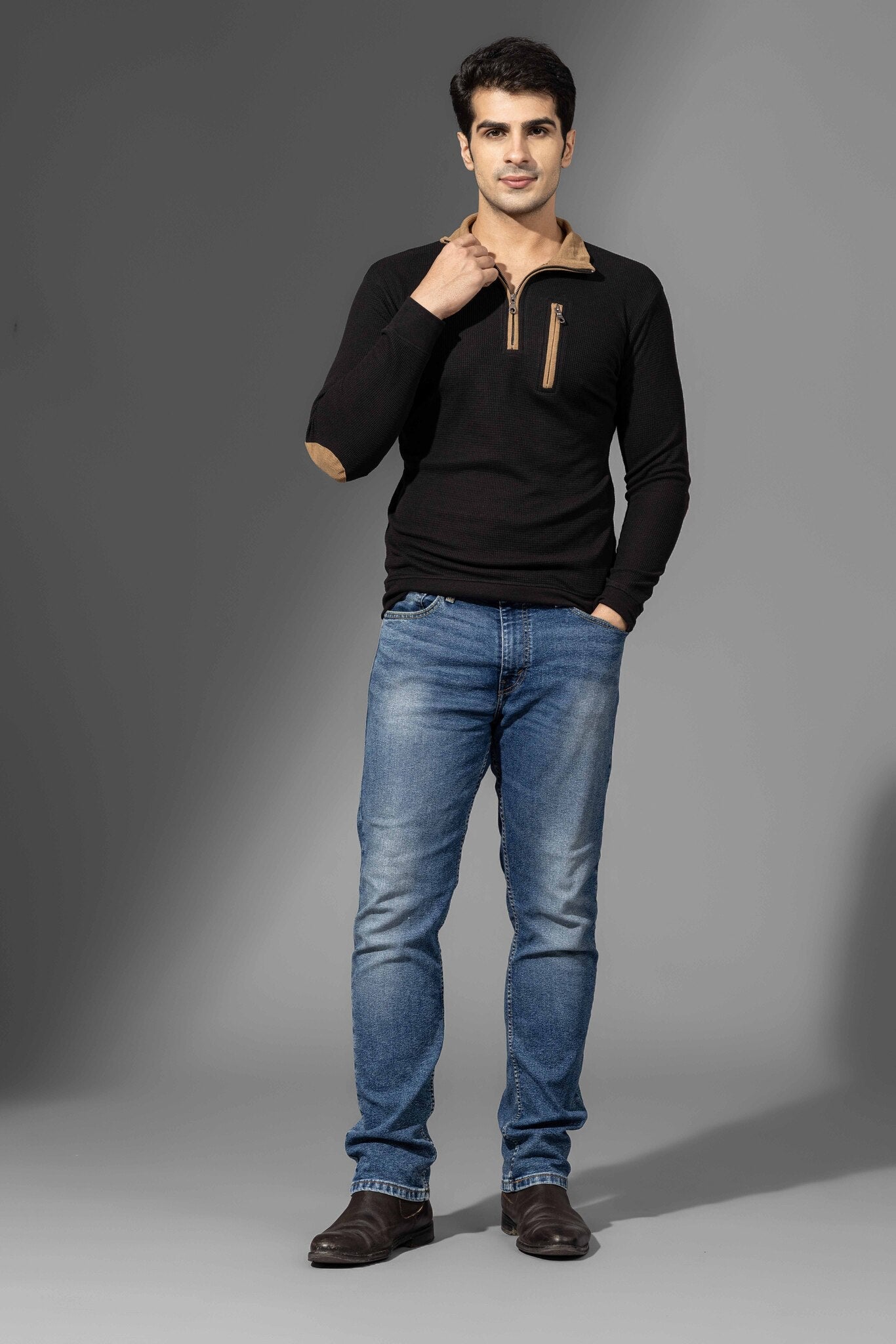Gold Self Design Zipper Collar T-Shirt