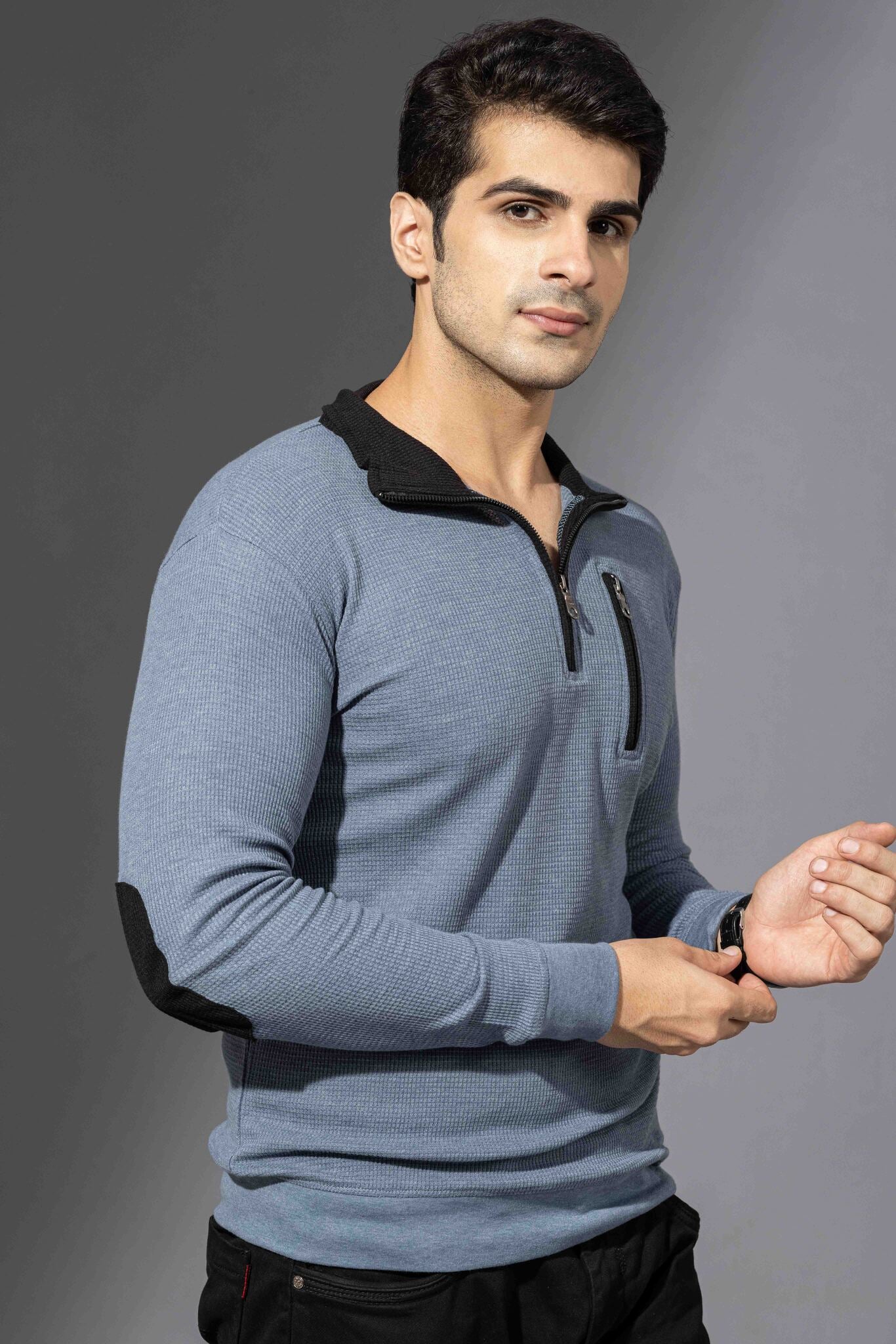 Blue Self Design Zipper Collar T-Shirt