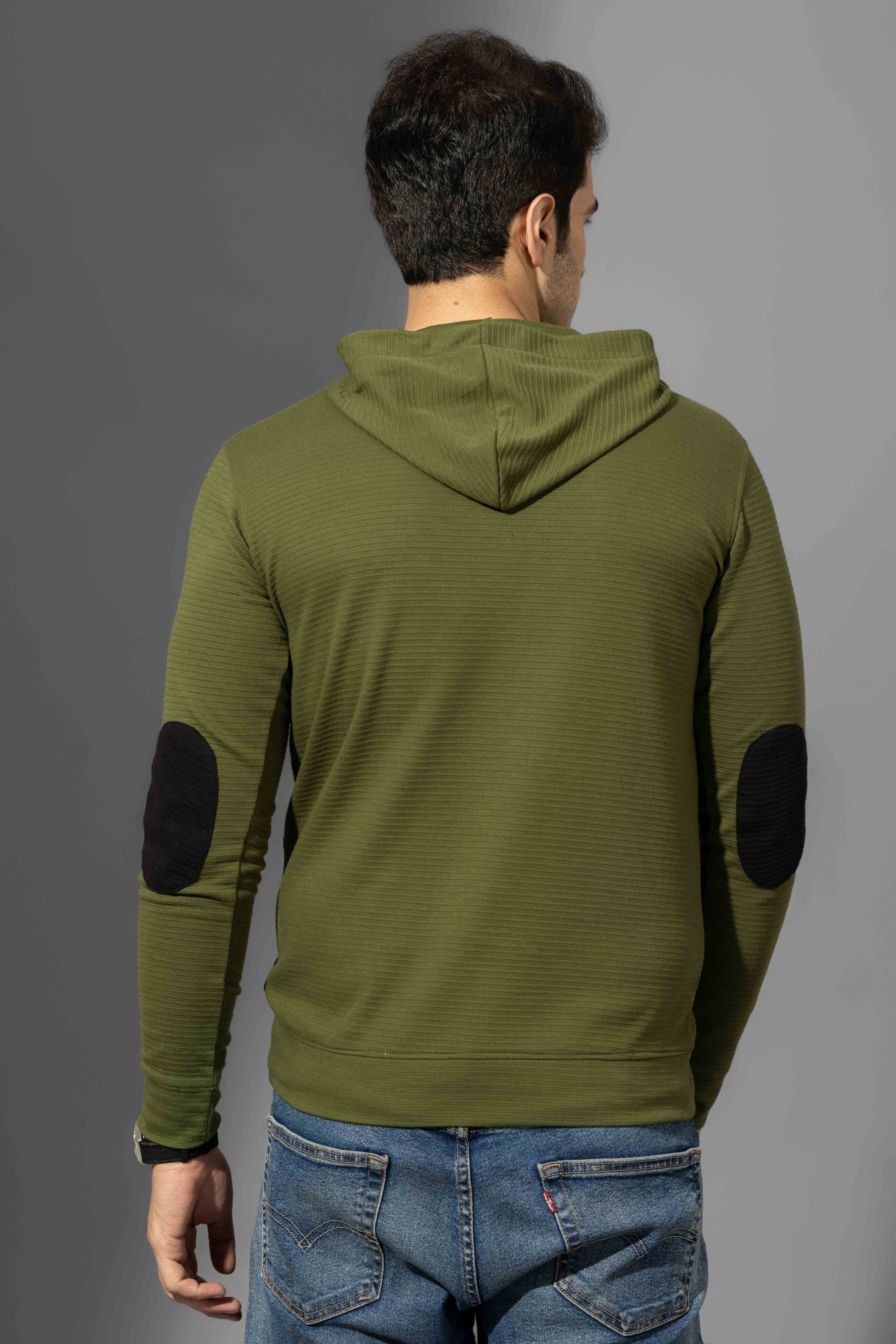 Olive Self Design Hooded T-Shirt